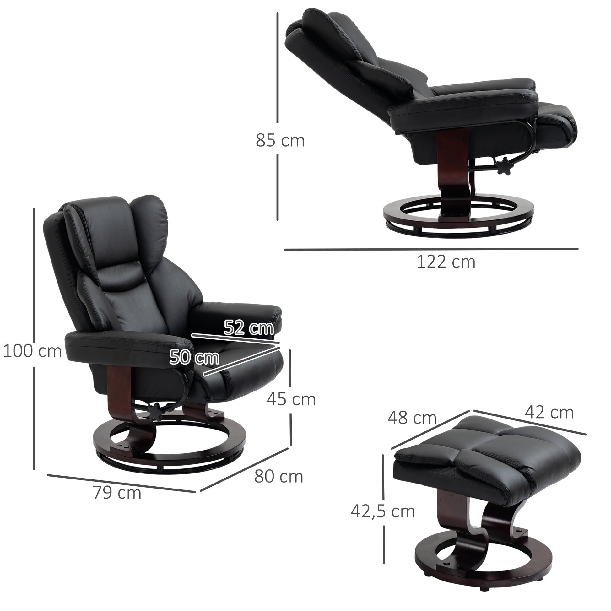 Relaxsessel mit Hocker, Liegefunktion, drehbar, bis 160 kg, Kunstleder, Metallrahmen