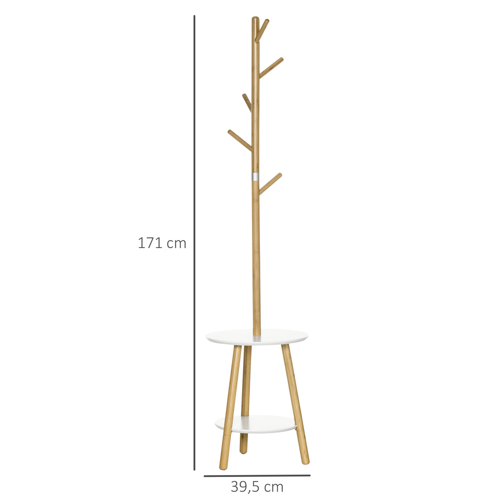 Garderobenständer mit Beistelltisch im Skandi-Design, 5 Kleiderhaken, Natur + Weiß