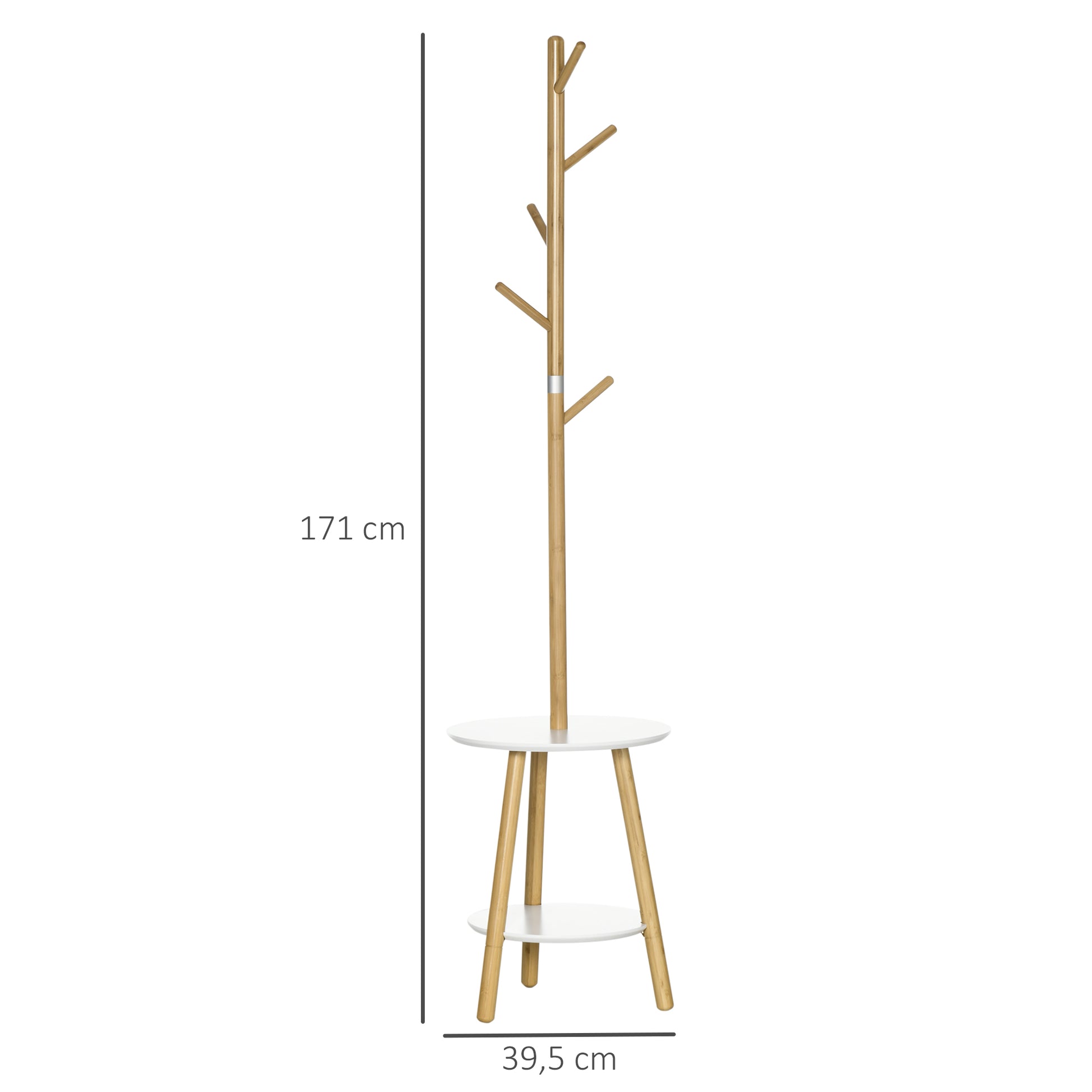 Garderobenständer mit Beistelltisch im Skandi-Design, 5 Kleiderhaken, Natur + Weiß