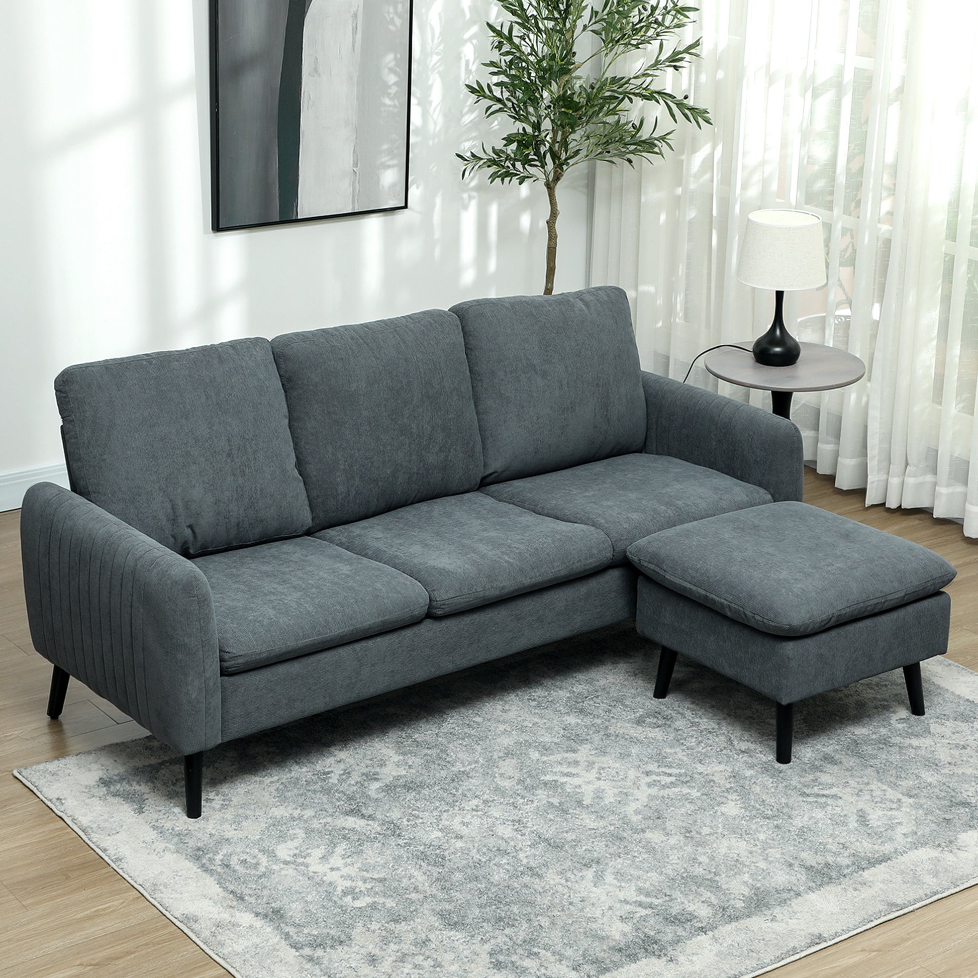 Ecksofa mit Schlaffunktion Sofa mit Fußhocker, 3 Wurfkissen, Eckcouch L-Form 196 x 140 x 88 cm Grau