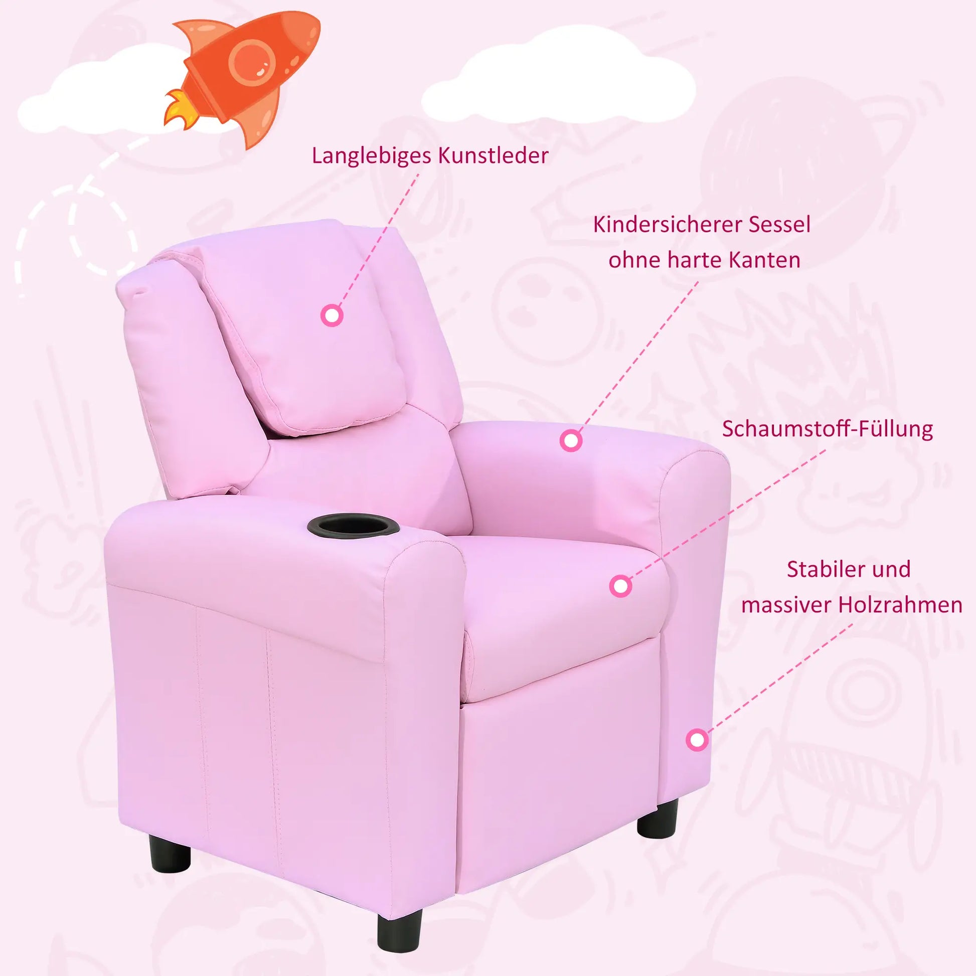 Kindersessel, Minisessel, Kindersofa für 3-6 Jahre alt, Liegefunktion, Becherhalter, 62 x 56 x 69 cm
