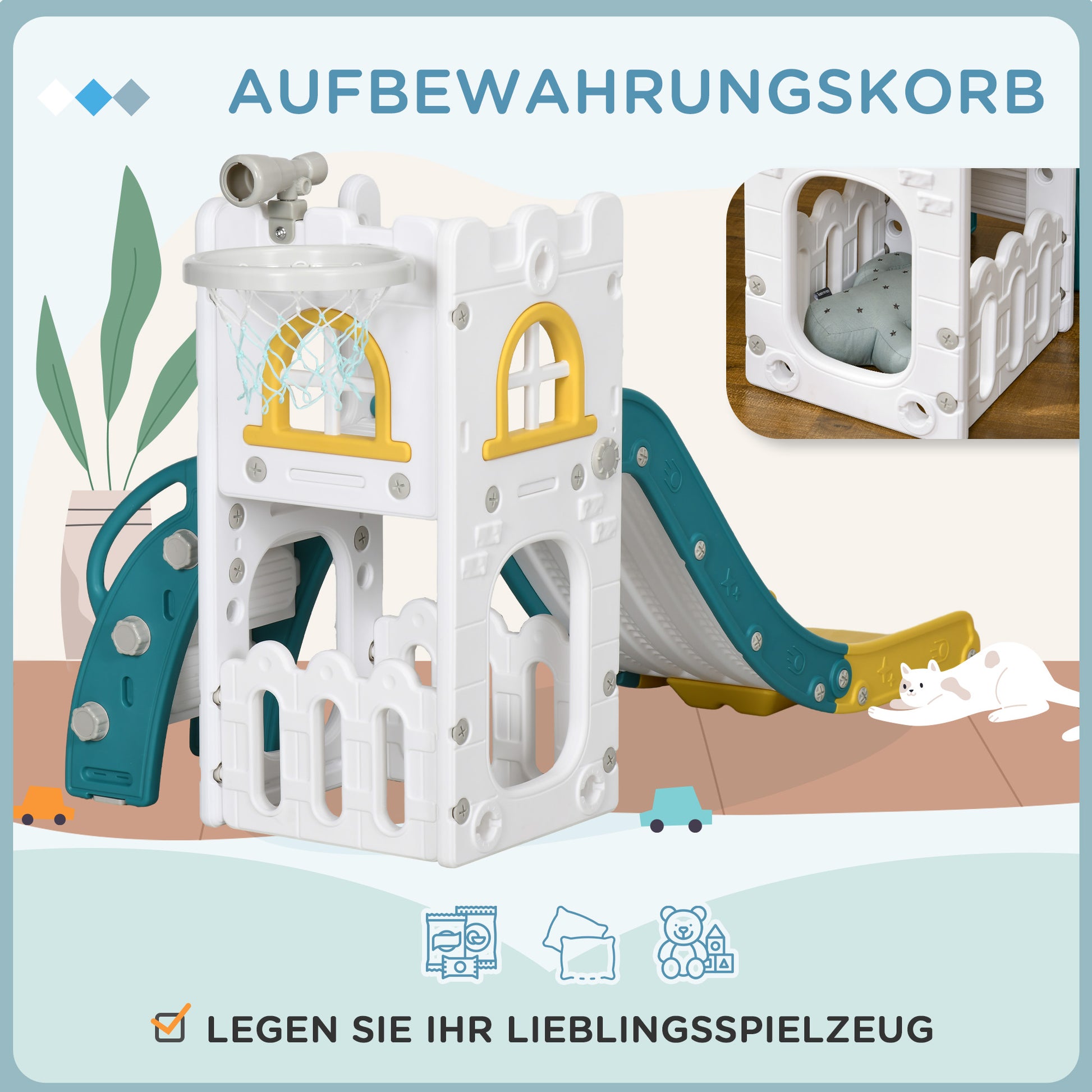 Kinderrutsche, 4 in 1, Kleinkinderrutsche mit Basketballkorb, Teleskop Klettergerüst 70 x 177 x 92 cm