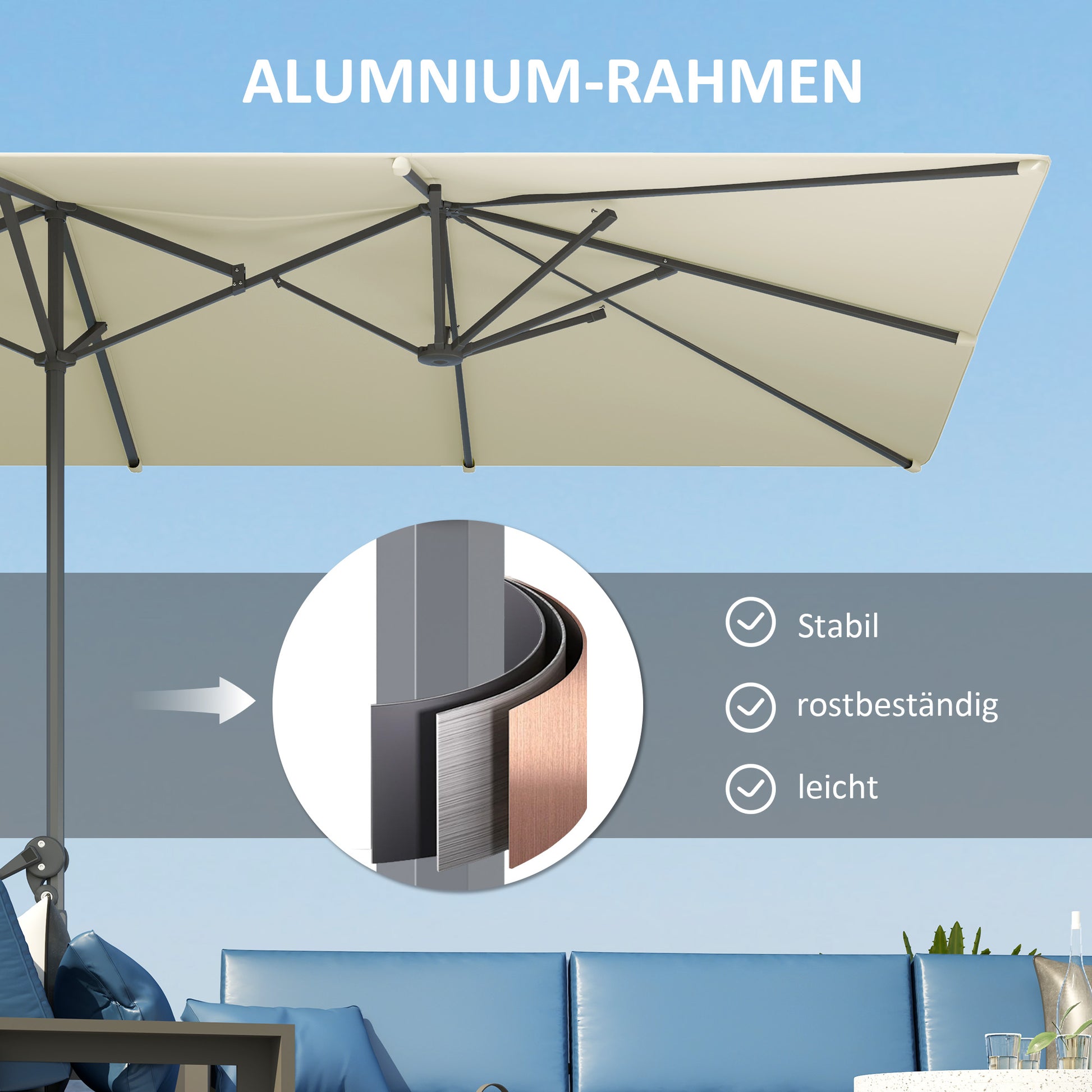 Doppelseitiger Schirm, 451 x 264 cm mit Kurbelsystem, 12 Metallstreben, Aluminiummast