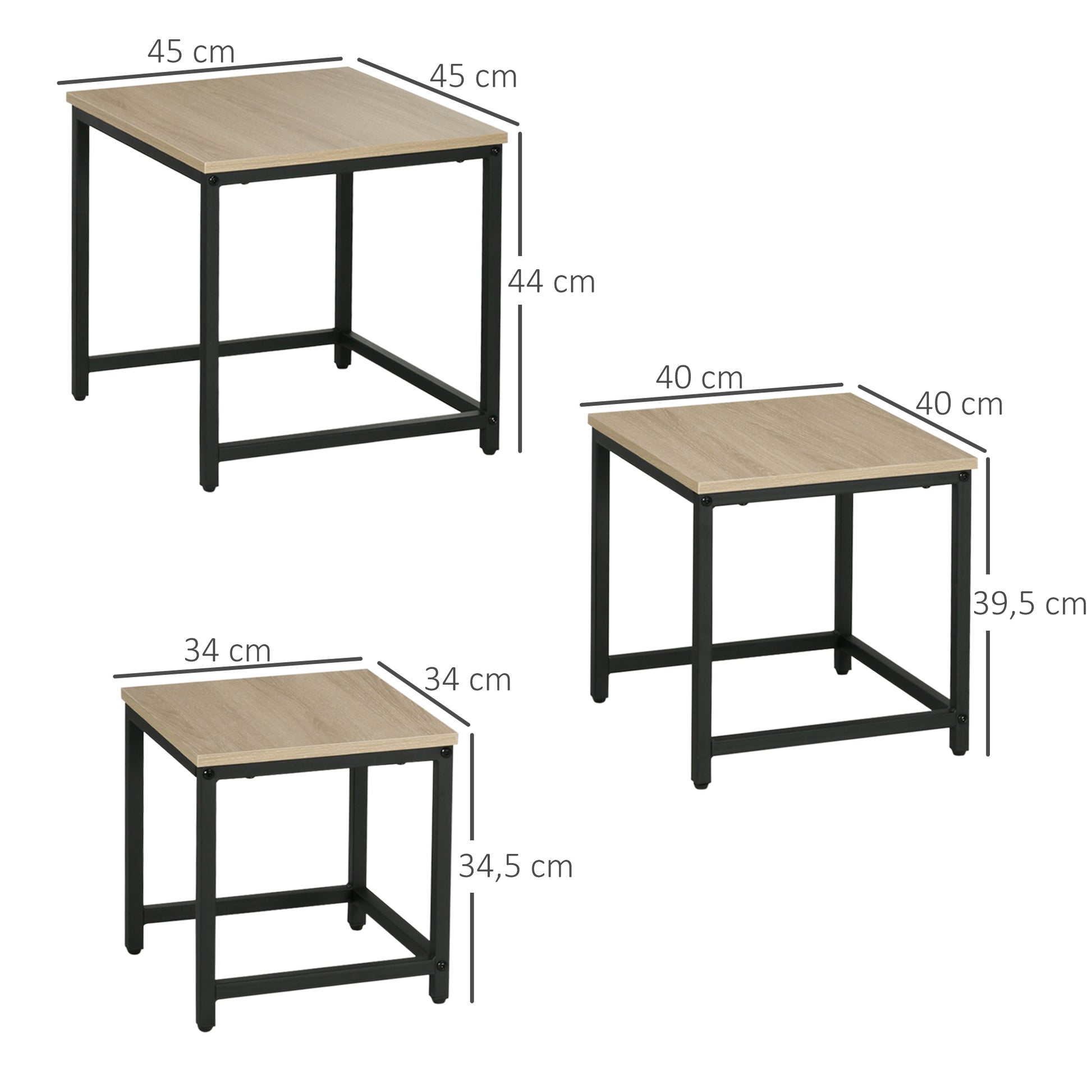 Set aus 3 Beistelltischen, Industrial Design, schwarzer Stahlrahmen, Tischplatte in Holzoptik