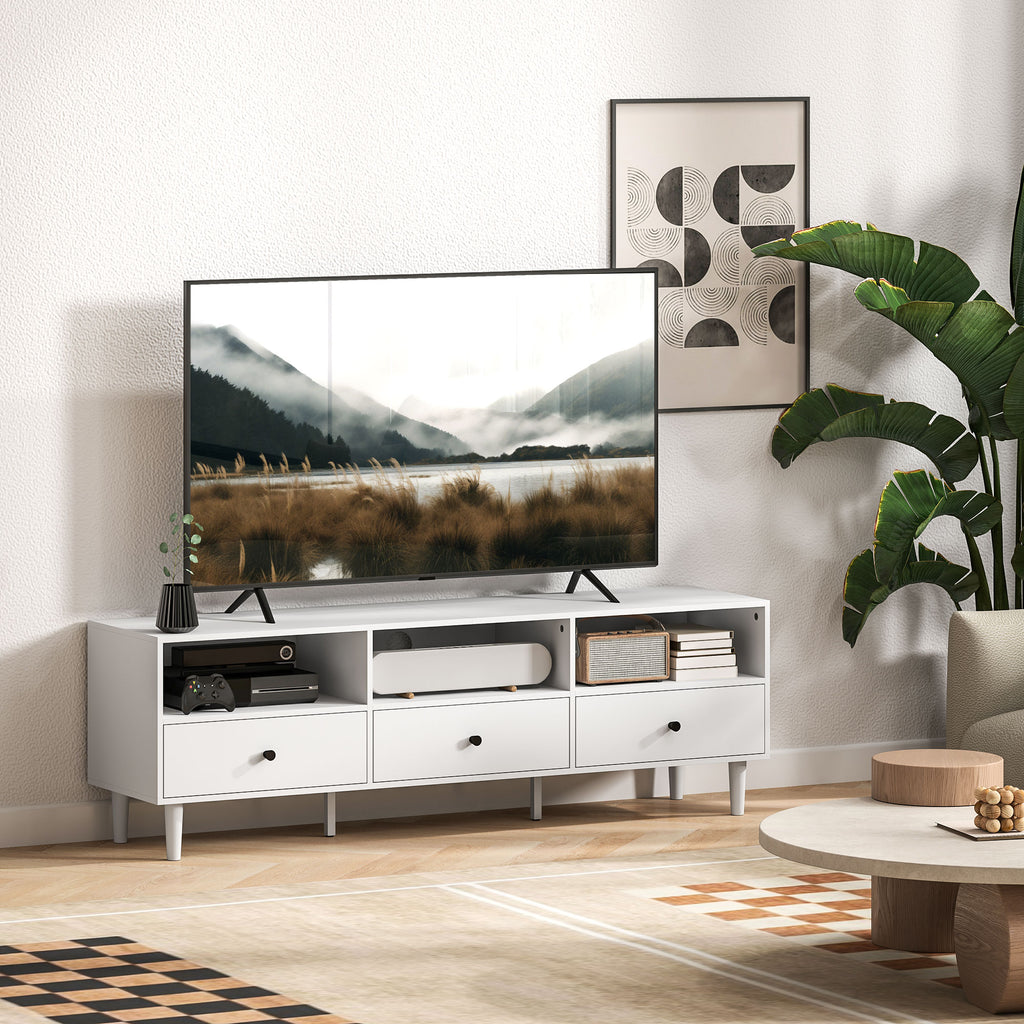 TV-Kommode, TV-Ständer für 75-Zoll-Bildschirme, 3 offene Fächer, 3 Schubladen, Spanplatte