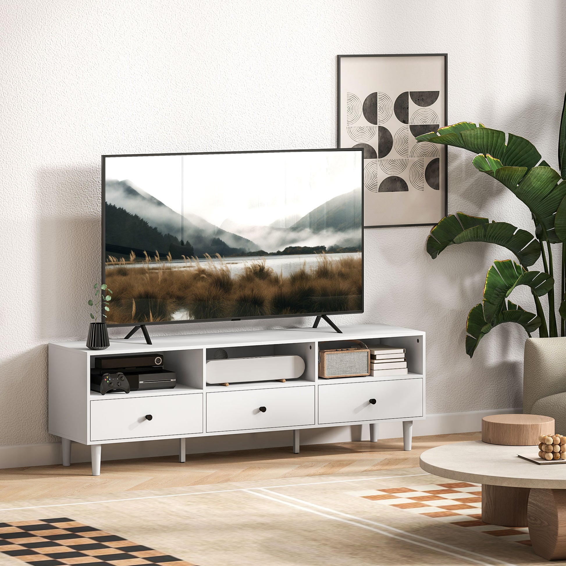 TV-Kommode, TV-Ständer für 75-Zoll-Bildschirme, 3 offene Fächer, 3 Schubladen, Spanplatte