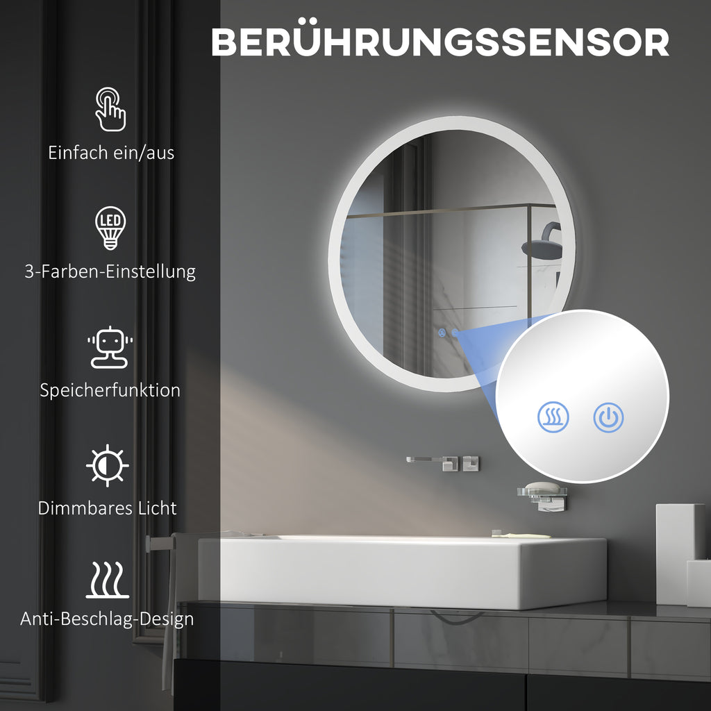 LED Badspiegel, einstellbare Helligkeit, Entnebelung, Touch, Metall/Glas, Ø60 cm, Weiß/Silber