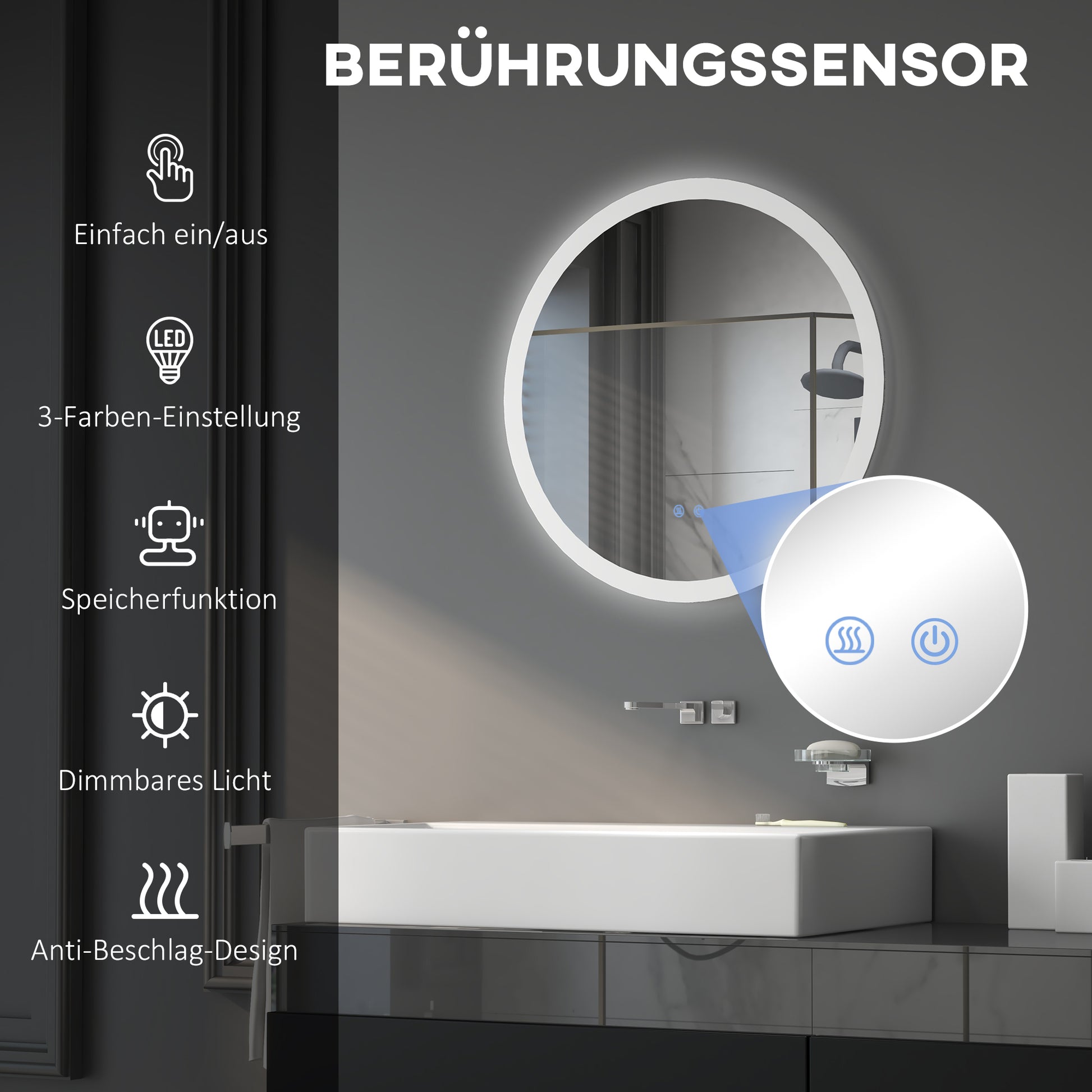 LED Badspiegel, einstellbare Helligkeit, Entnebelung, Touch, Metall/Glas, Ø60 cm, Weiß/Silber