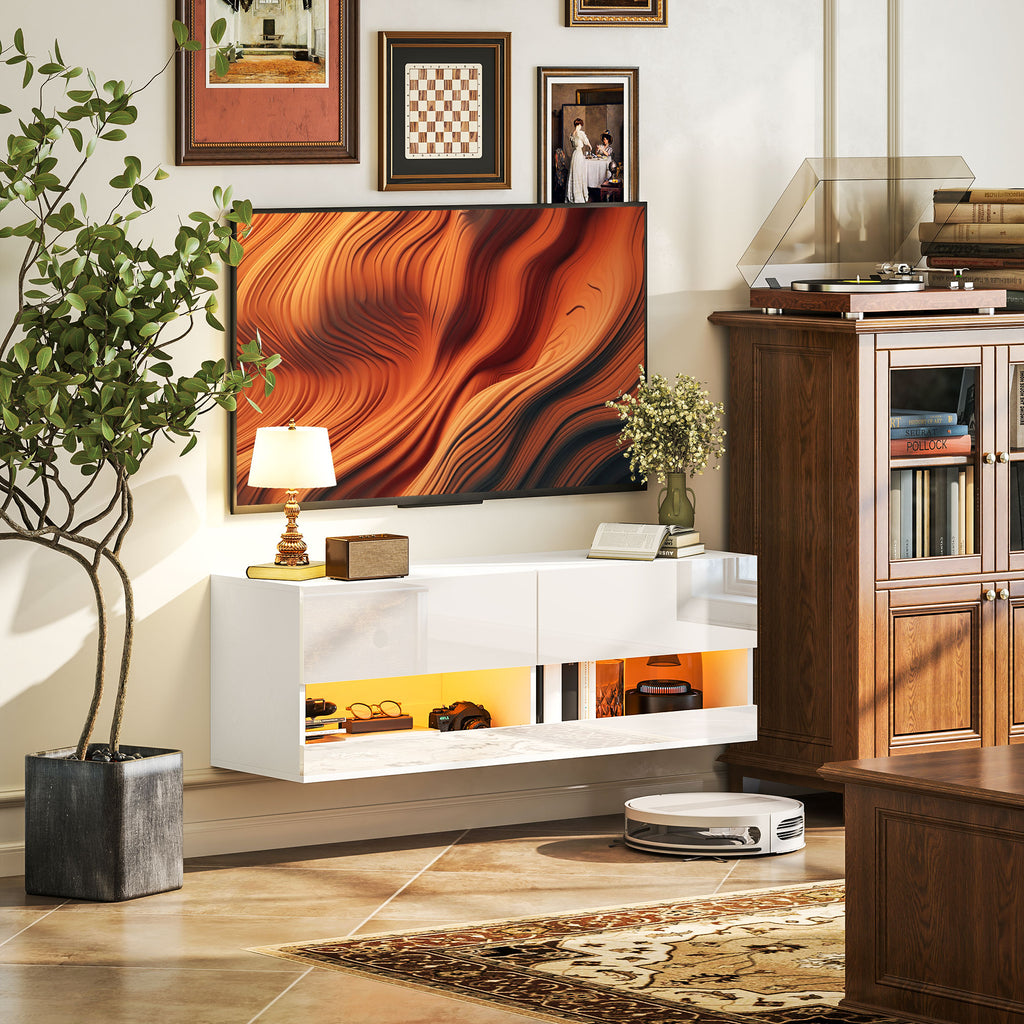 TV-Hängeschrank mit LED-Beleuchtung, 16 Blinkmodi, Wandmontierter TV-Schrank, Offene Regale