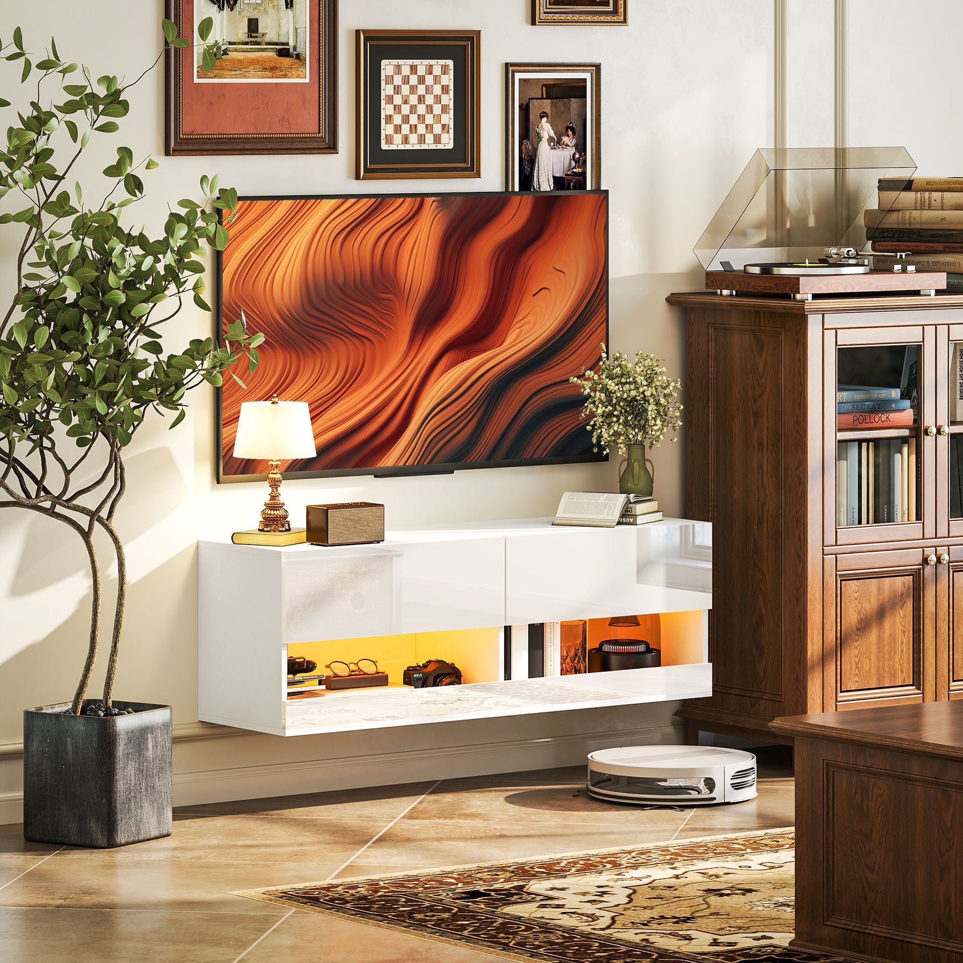 TV-Hängeschrank mit LED-Beleuchtung, 16 Blinkmodi, Wandmontierter TV-Schrank, Offene Regale