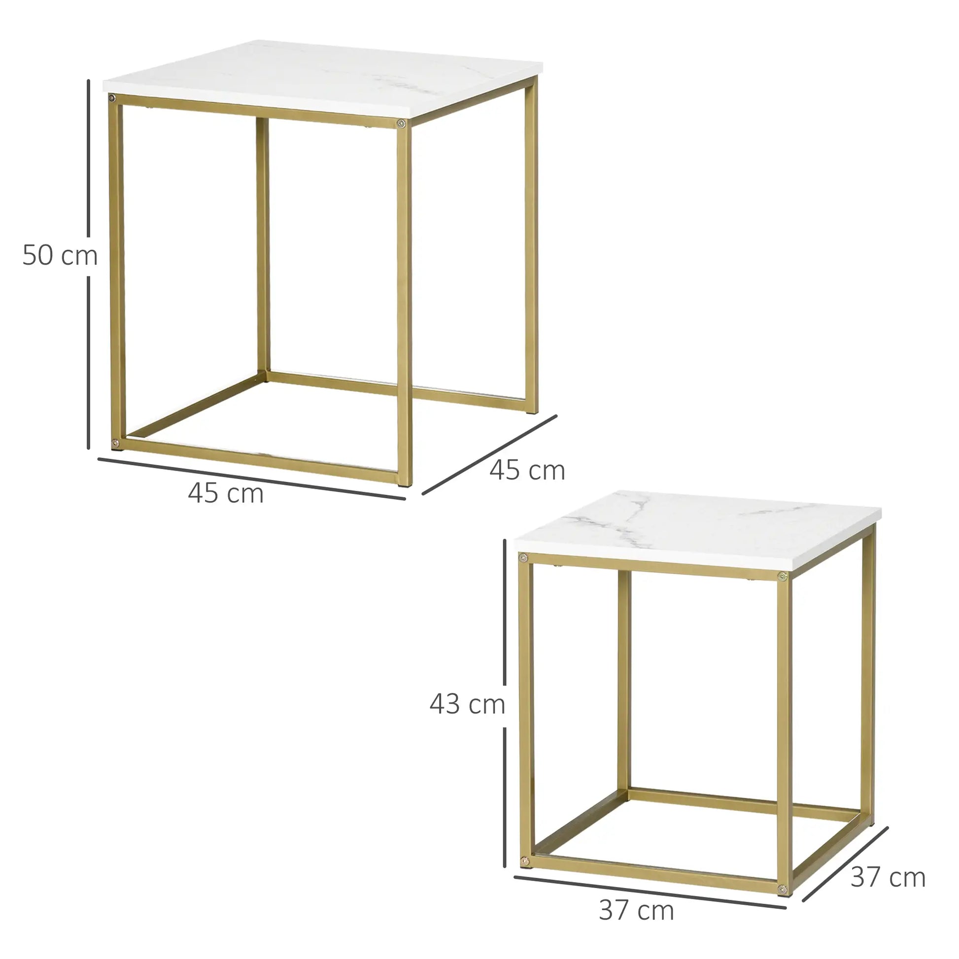 2er-Set Beistelltische, stapelbare Beistelltische, Tischplatte in Marmoroptik, Gold + Weiß