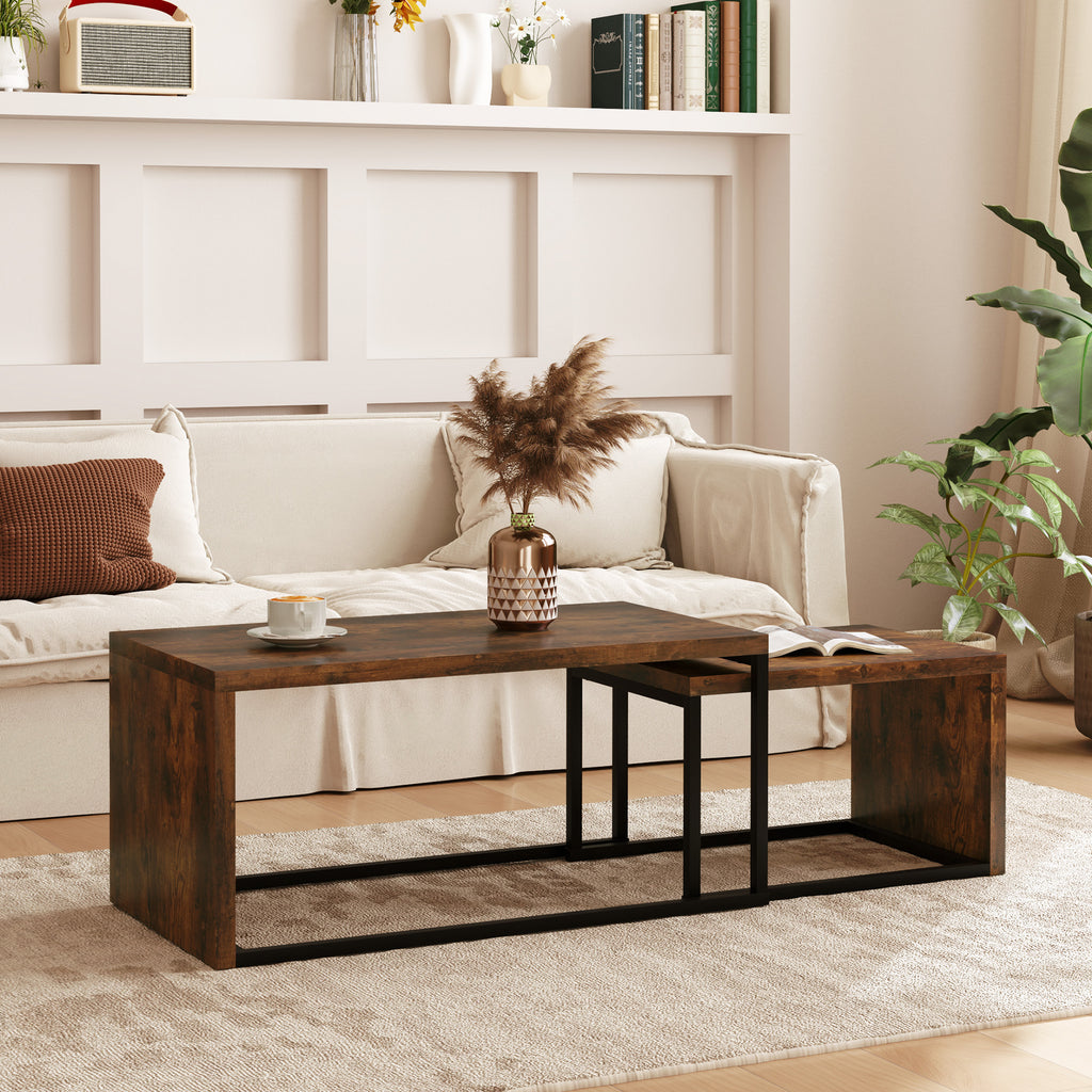 2er-Set Couchtisch, Sofatisch, Beistelltisch, MDF, Metall, Schwarz+Braun