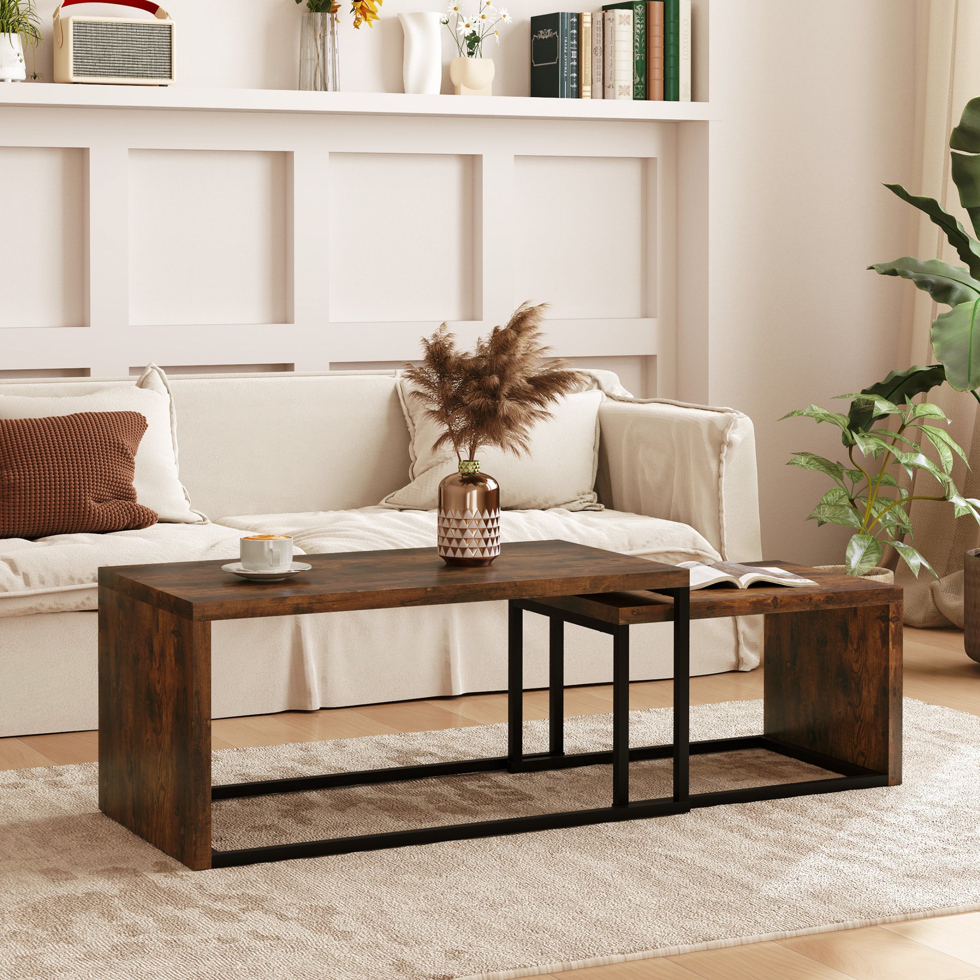 2er-Set Couchtisch, Sofatisch, Beistelltisch, MDF, Metall, Schwarz+Braun