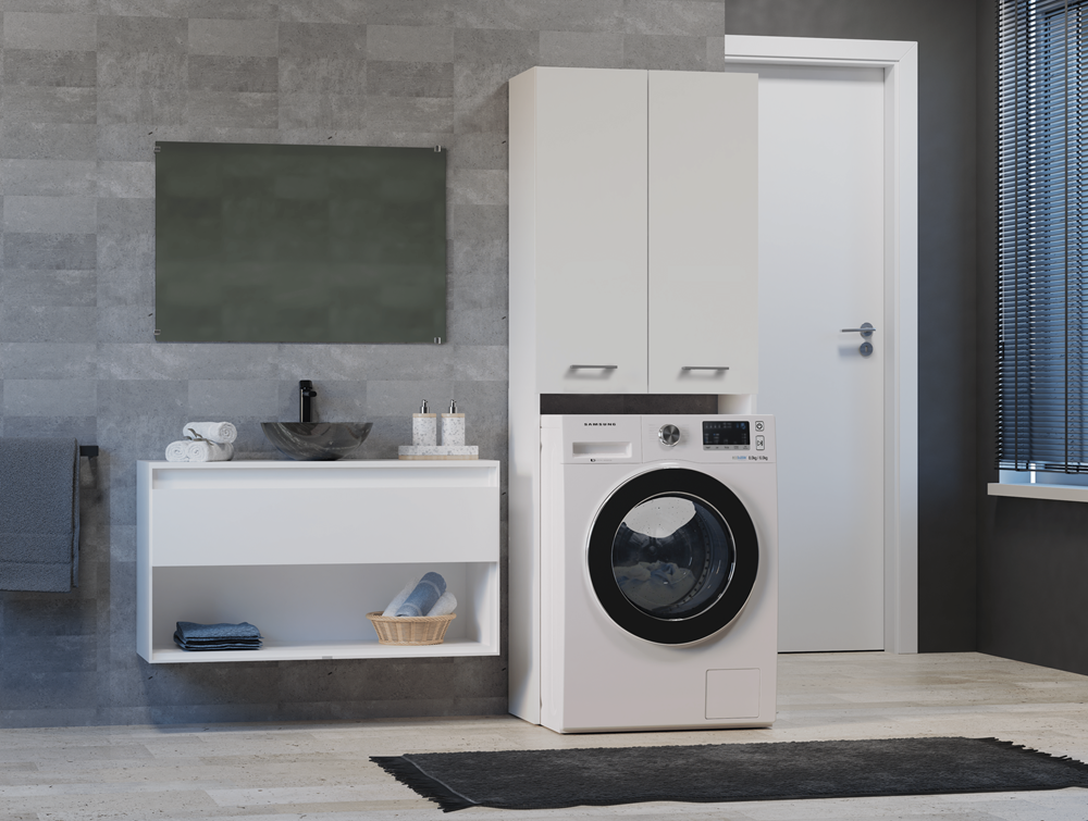 Waschmaschinenregal Waschmaschinenschrank POLA – 180 cm, Badschrank über Waschmaschine, Weiß
