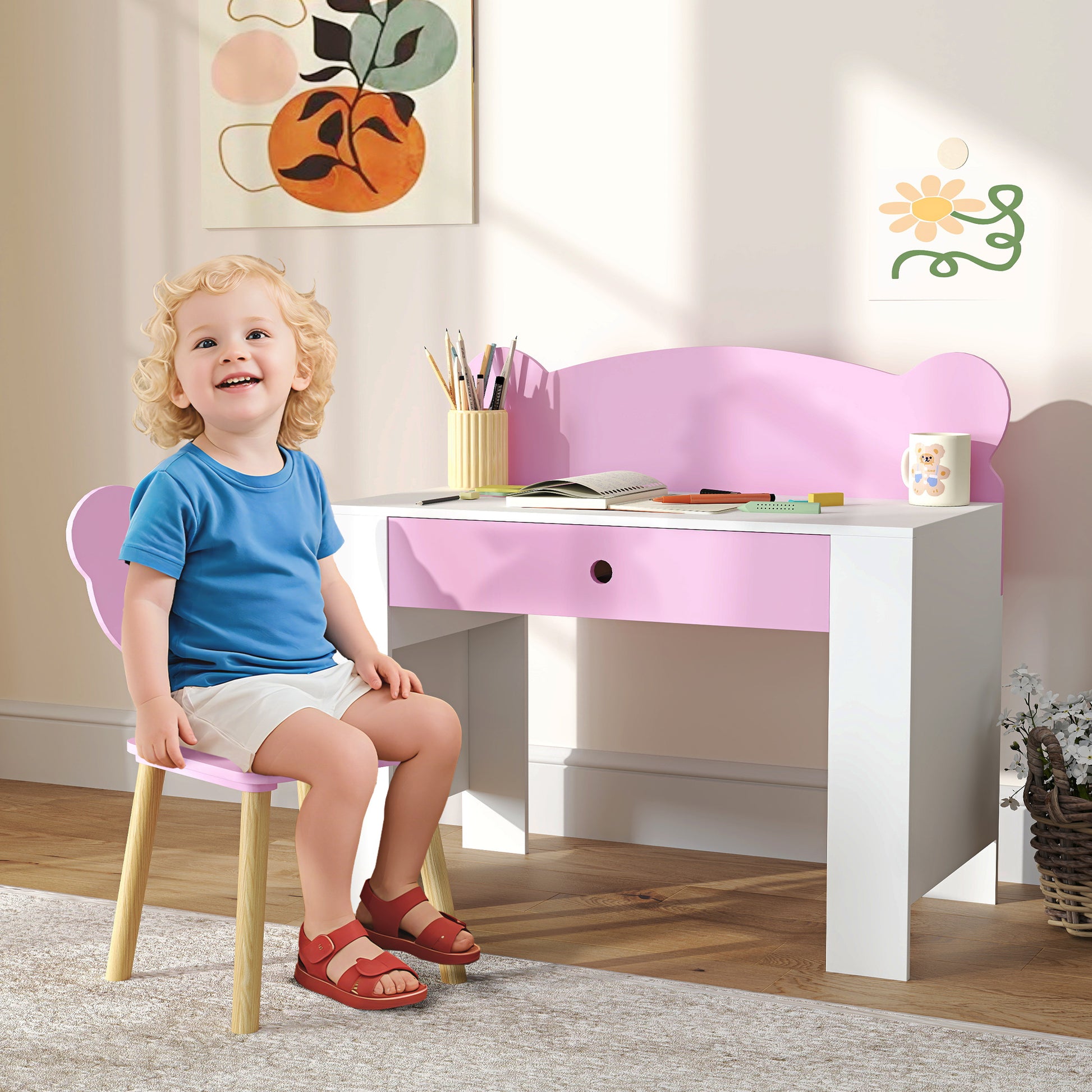Schreibtisch-Set für Kinder, Schublade, zum Schreiben und Basteln, 3-8 Jahre, Rosa