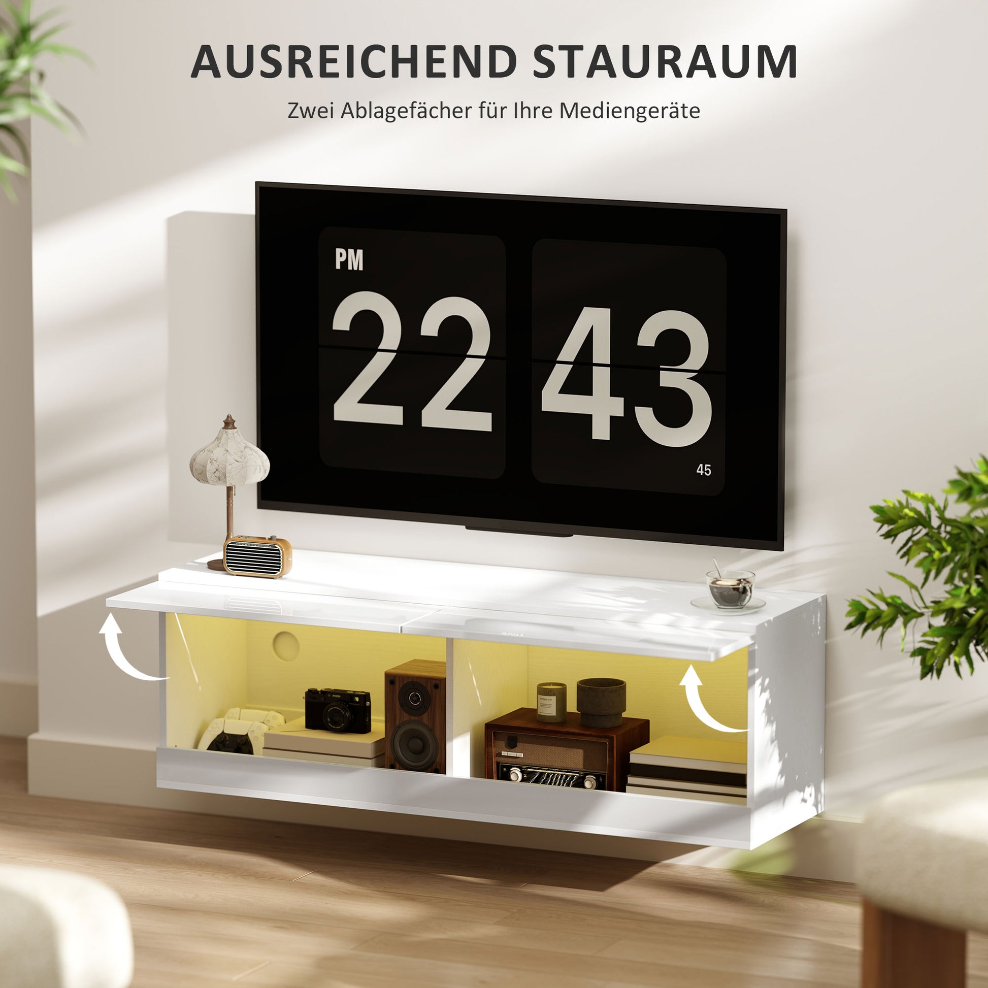 TV-Hängeschrank mit LED-Beleuchtung, 16 Blinkmodi, Wandmontierter TV-Schrank, Offene Regale