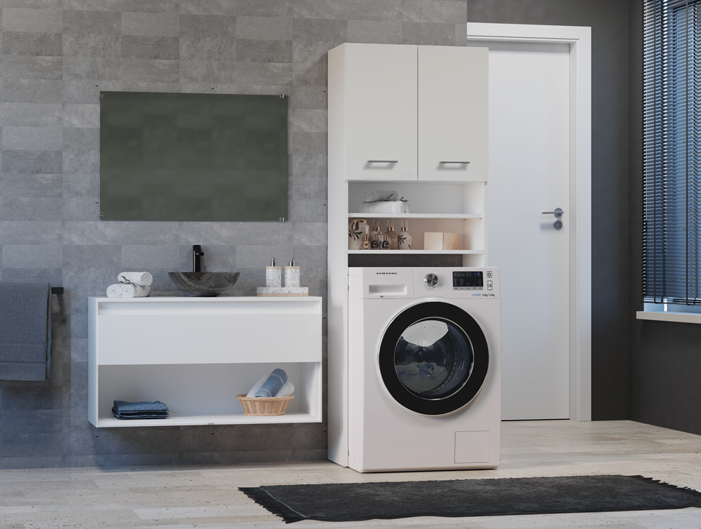 Waschmaschinenregal Waschmaschinenschrank POLA – 180 cm, Badschrank über Waschmaschine, Weiß