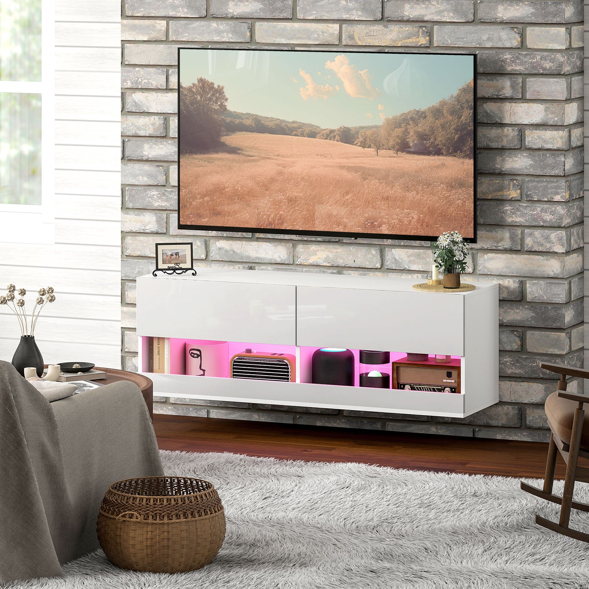 TV-Hängeschrank mit LED-Beleuchtung, 16 Blinkmodi, Wandmontierter TV-Schrank, Offene Regale