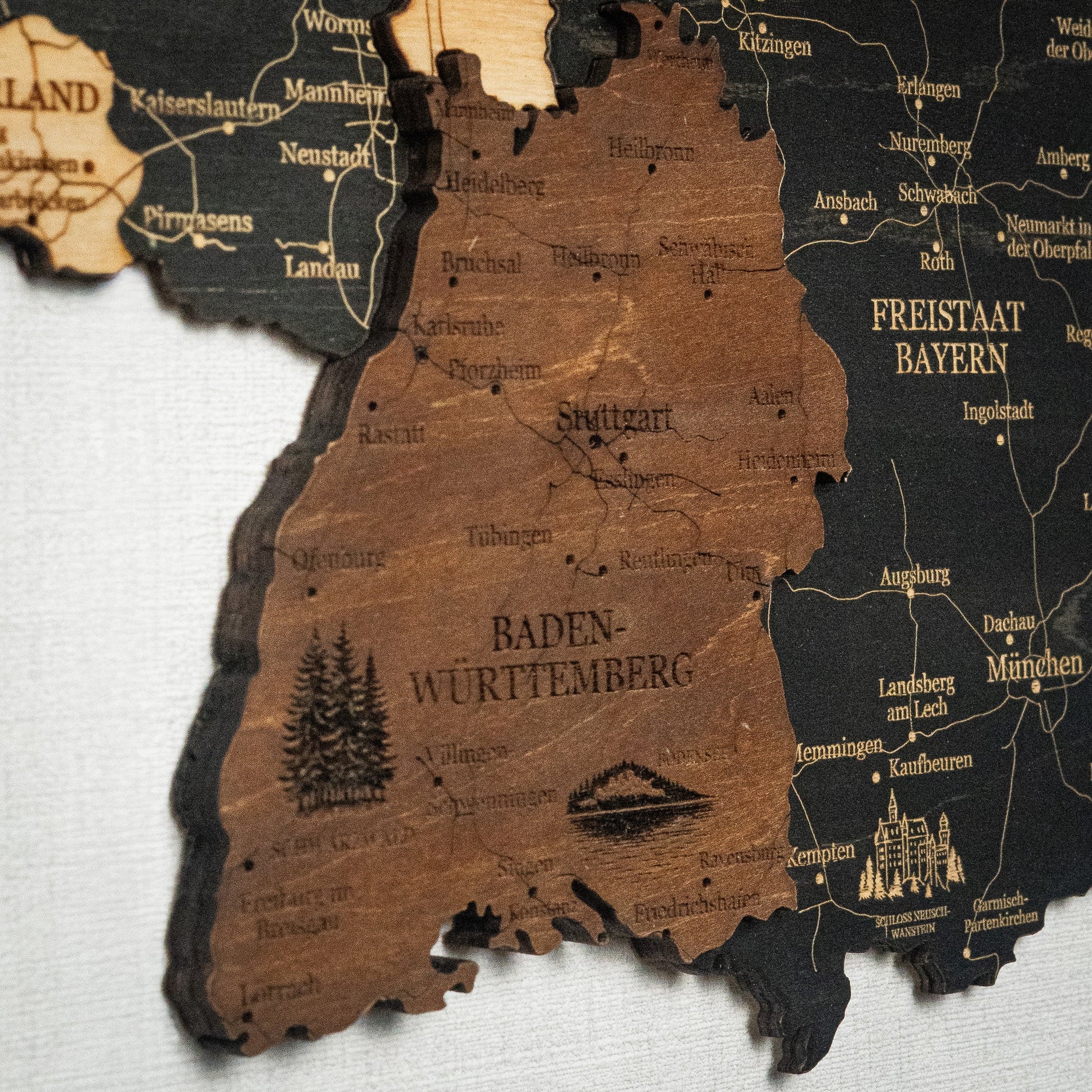 3D Holzkarte Deutschland – Handgefertigte Wanddeko mit Städten & Grenzen