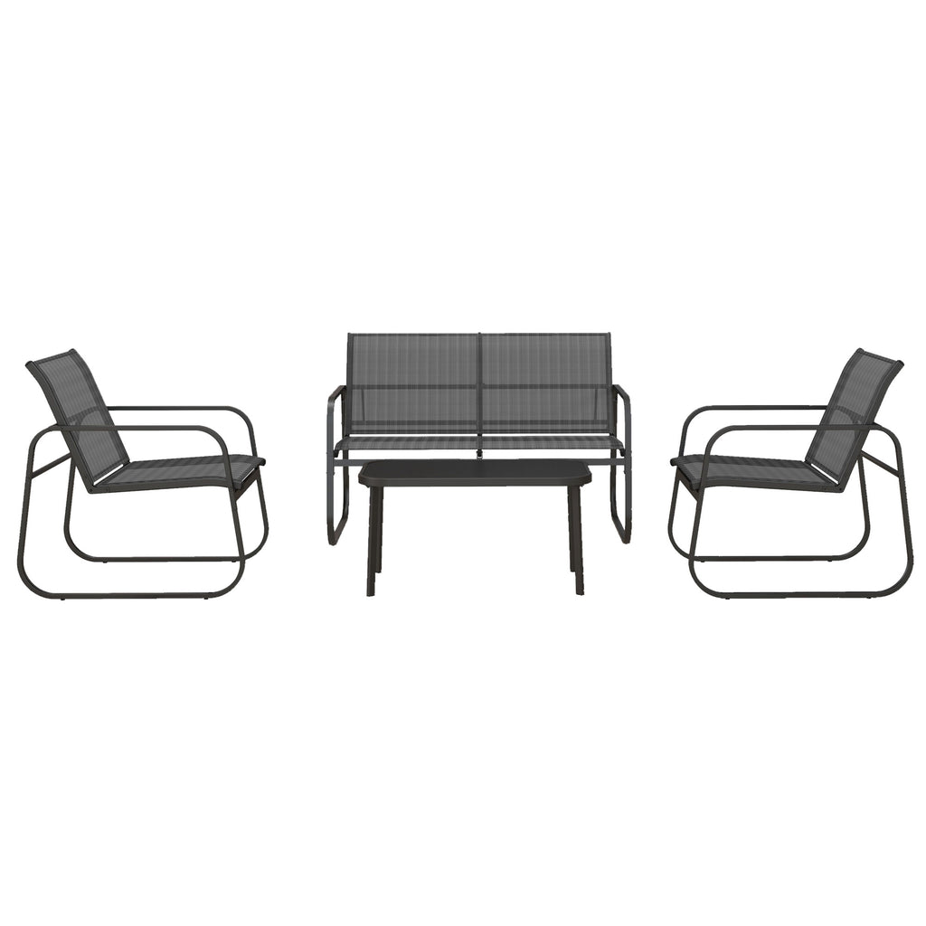 4-teilige Gartengarnitur, 2 Sessel, 2-Sitzer-Sofa, Glasplatte, atmungsaktiver Stoff, Metallrahmen