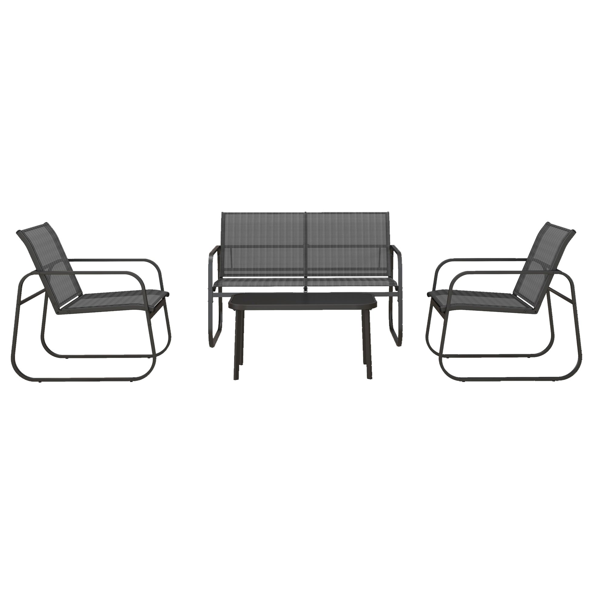4-teilige Gartengarnitur, 2 Sessel, 2-Sitzer-Sofa, Glasplatte, atmungsaktiver Stoff, Metallrahmen