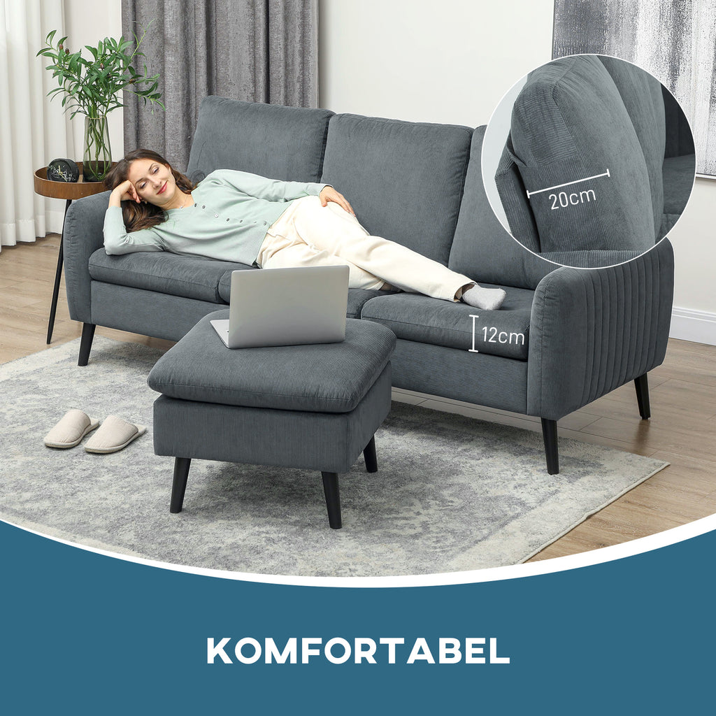 Ecksofa mit Schlaffunktion Sofa mit Fußhocker, 3 Wurfkissen, Eckcouch L-Form 196 x 140 x 88 cm Grau
