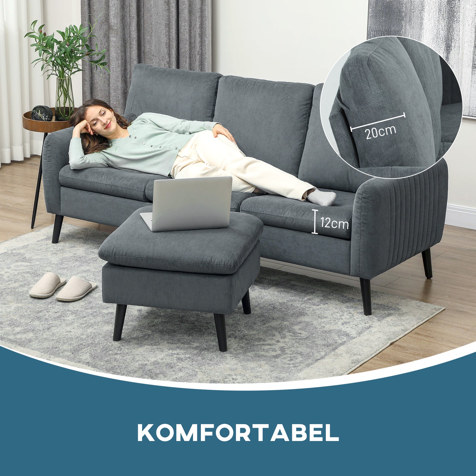 Ecksofa mit Schlaffunktion Sofa mit Fußhocker, 3 Wurfkissen, Eckcouch L-Form 196 x 140 x 88 cm Grau