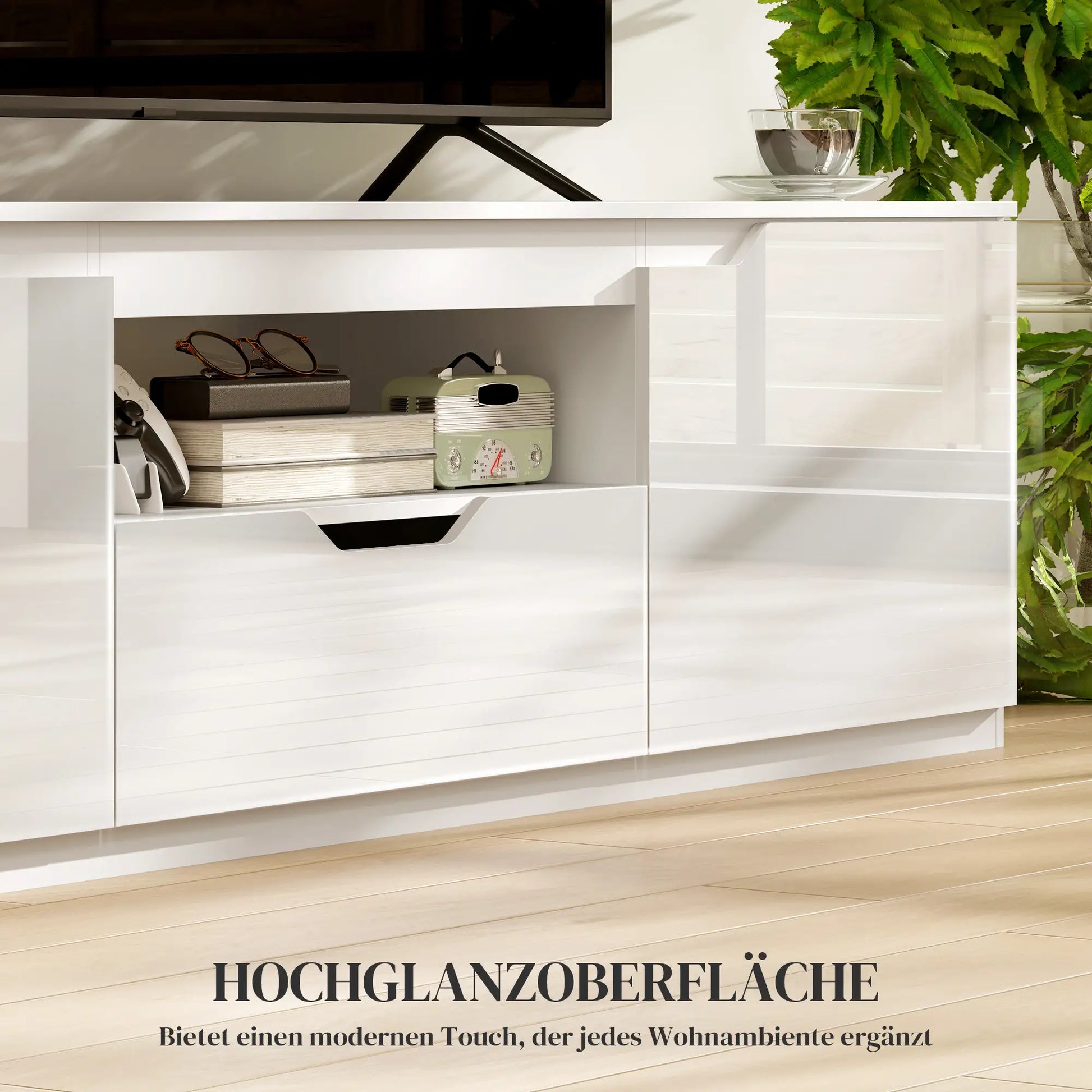 TV-Lowboard, Hochglanz, für Fernseher bis 65'', 3 Fächer, Schublade, 160 x 38 x 43 cm