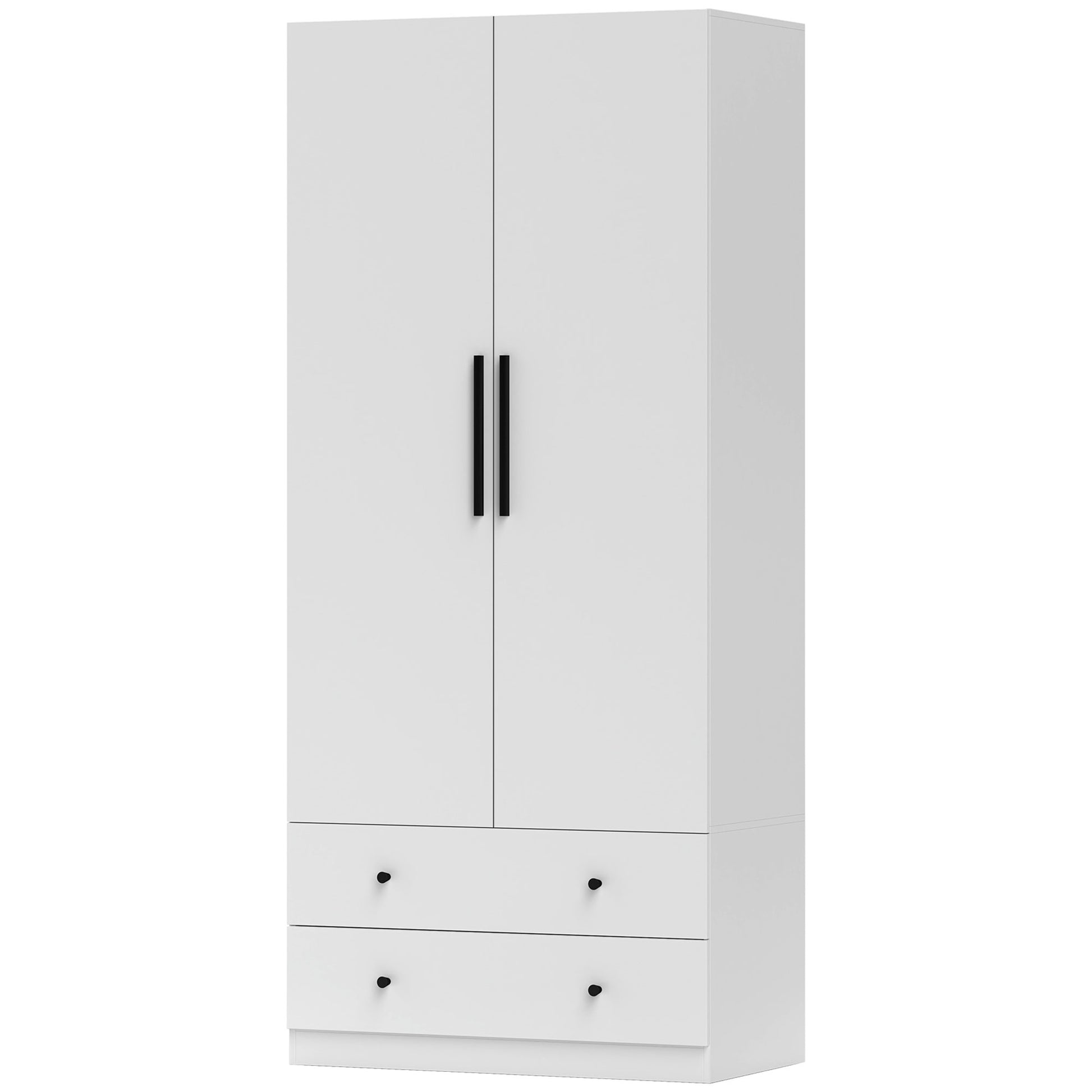 Kleiderschrank, 2 Türen, Hängebereich, Kleiderstange, 2 Schubladen, Spanplatte, Weiß