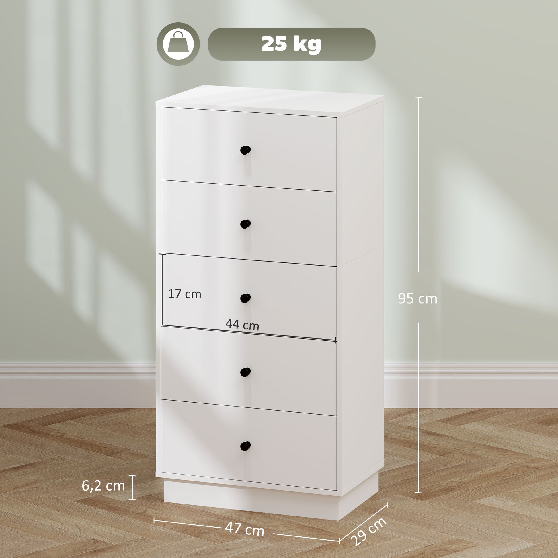 Kommode mit 5 Schubladen Schrank aus Holzwerkstoff im Modern Stil 47 x 29 x 95 cm Weiß