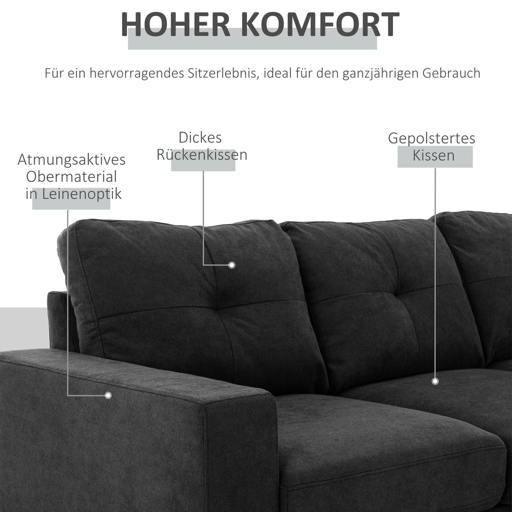 Ecksofa L-Form graue Eckcouch mit Chaiselongue Leinenoptik für 3 Personen 193x136x85cm Schwarz