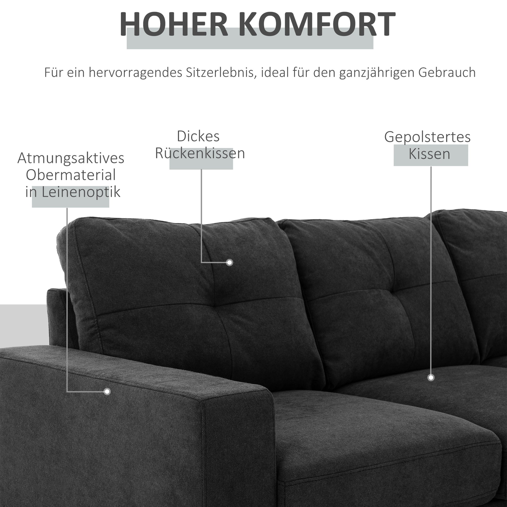 Ecksofa L-Form graue Eckcouch mit Chaiselongue Leinenoptik für 3 Personen 193x136x85cm Schwarz