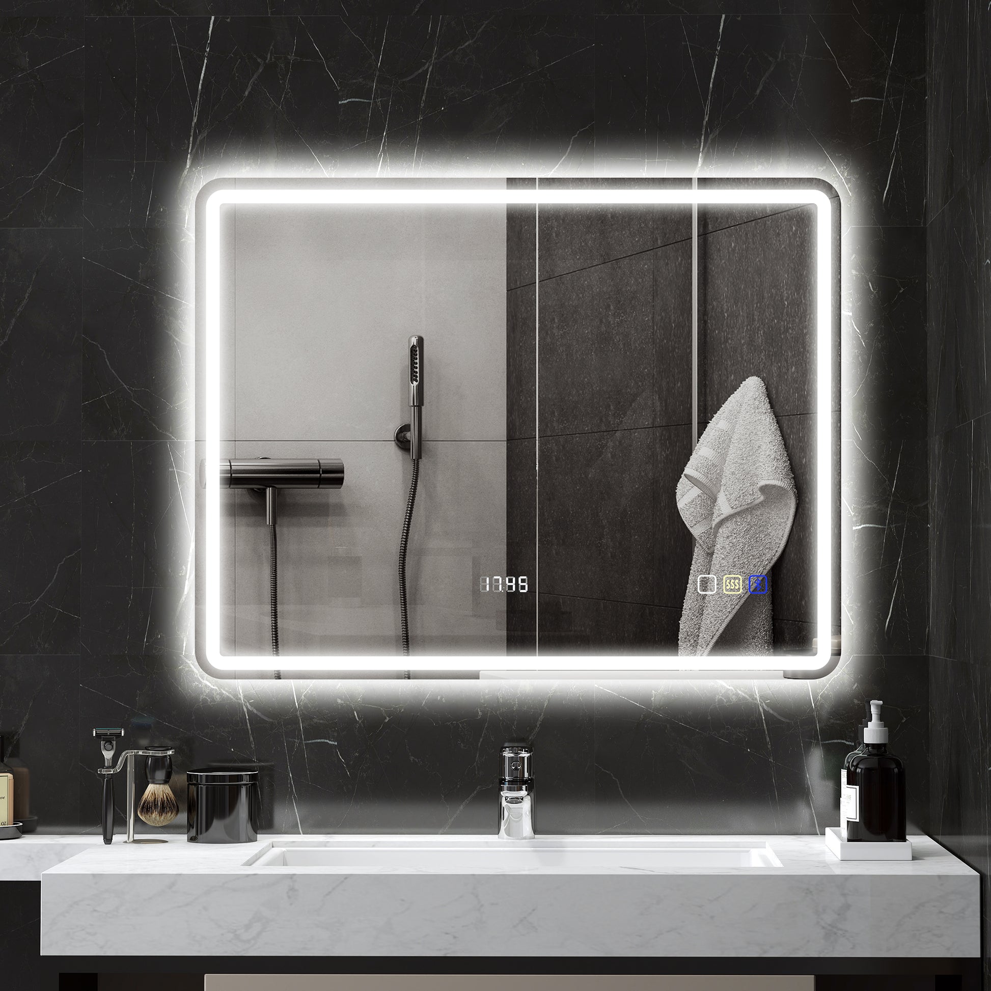 Badezimmerspiegel mit LED-Beleuchtung, Anti-Beschlags-Pad, 3 verstellbare Farben, Uhr