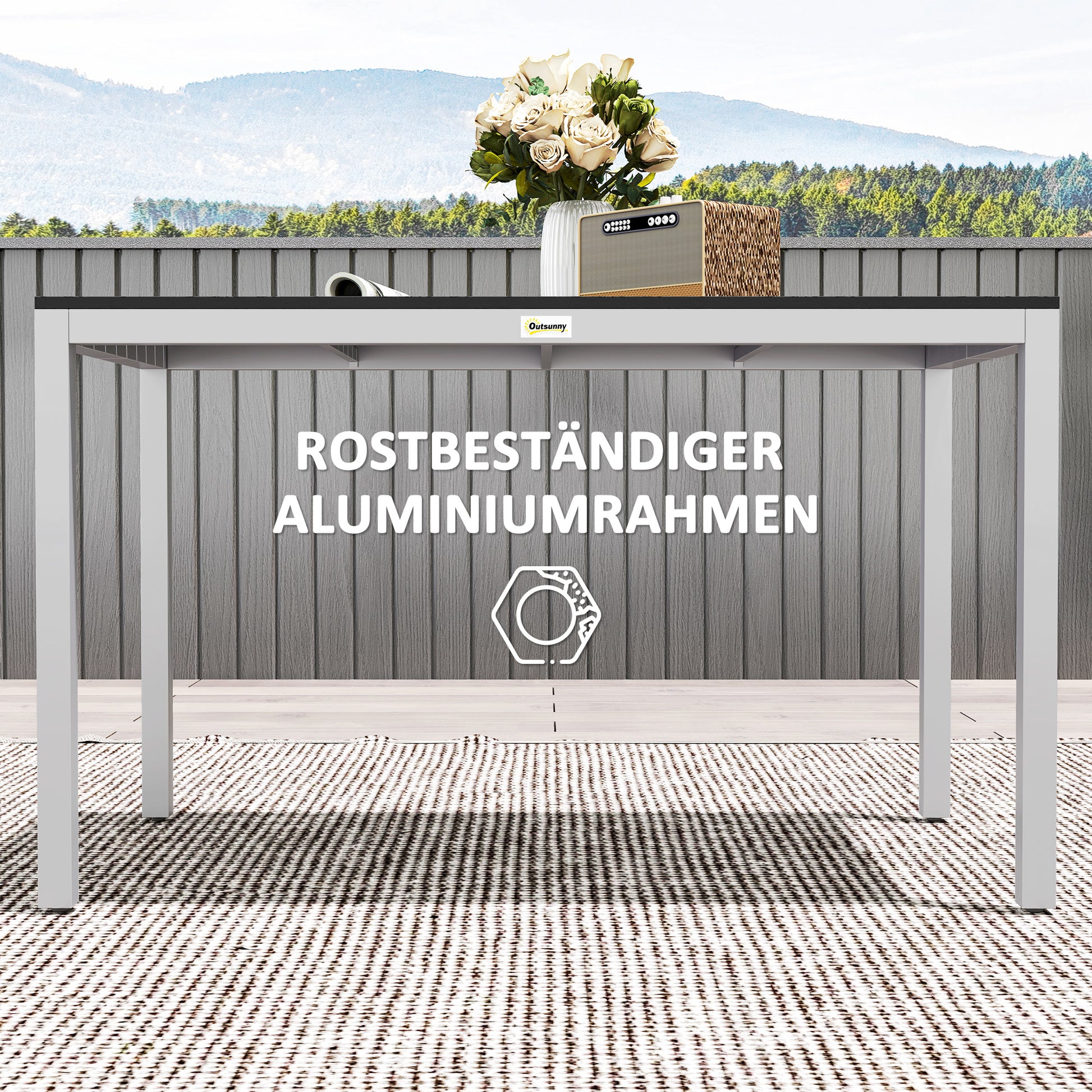 Gartentisch Aluminium 120x70 cm Wetterfest Balkontisch mit Holzoptik, für 4-6 Personen