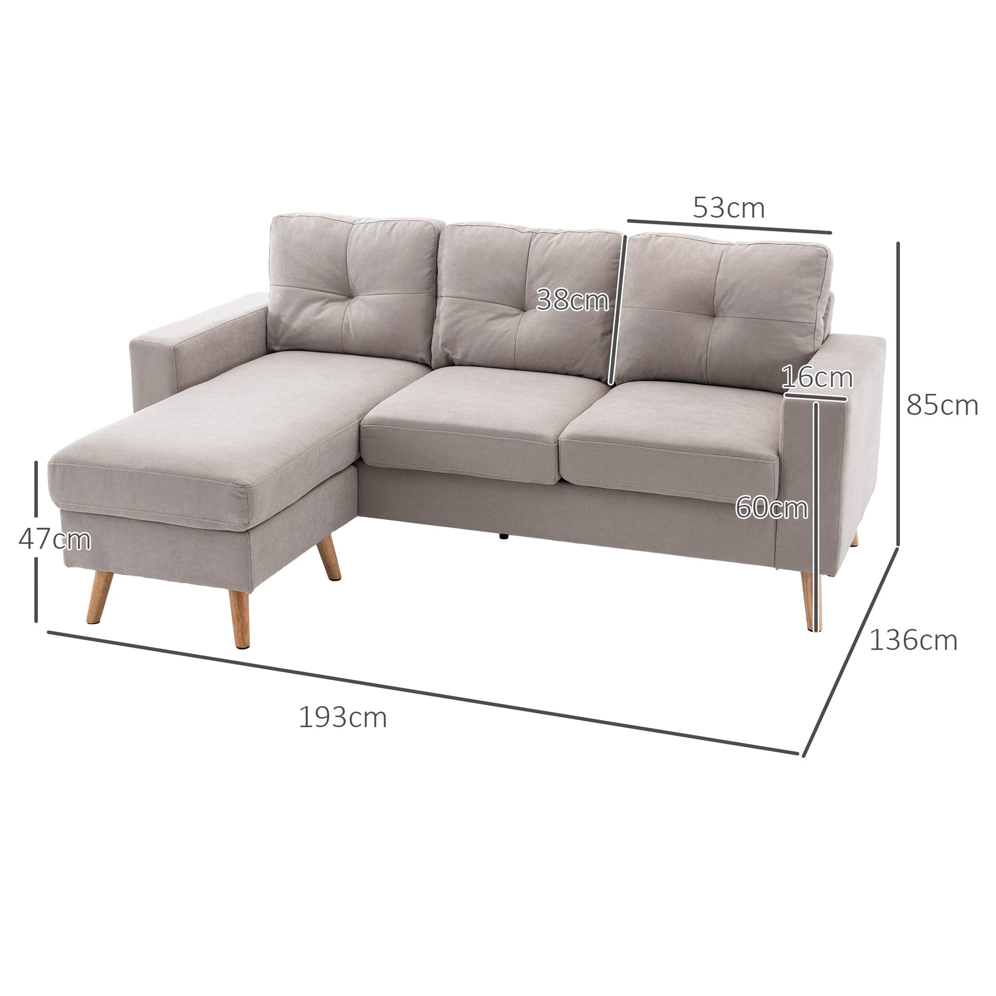 Ecksofa L-Form graue Eckcouch mit Chaiselongue Leinenoptik für 3 Personen 193x136x85cm Heillgrau
