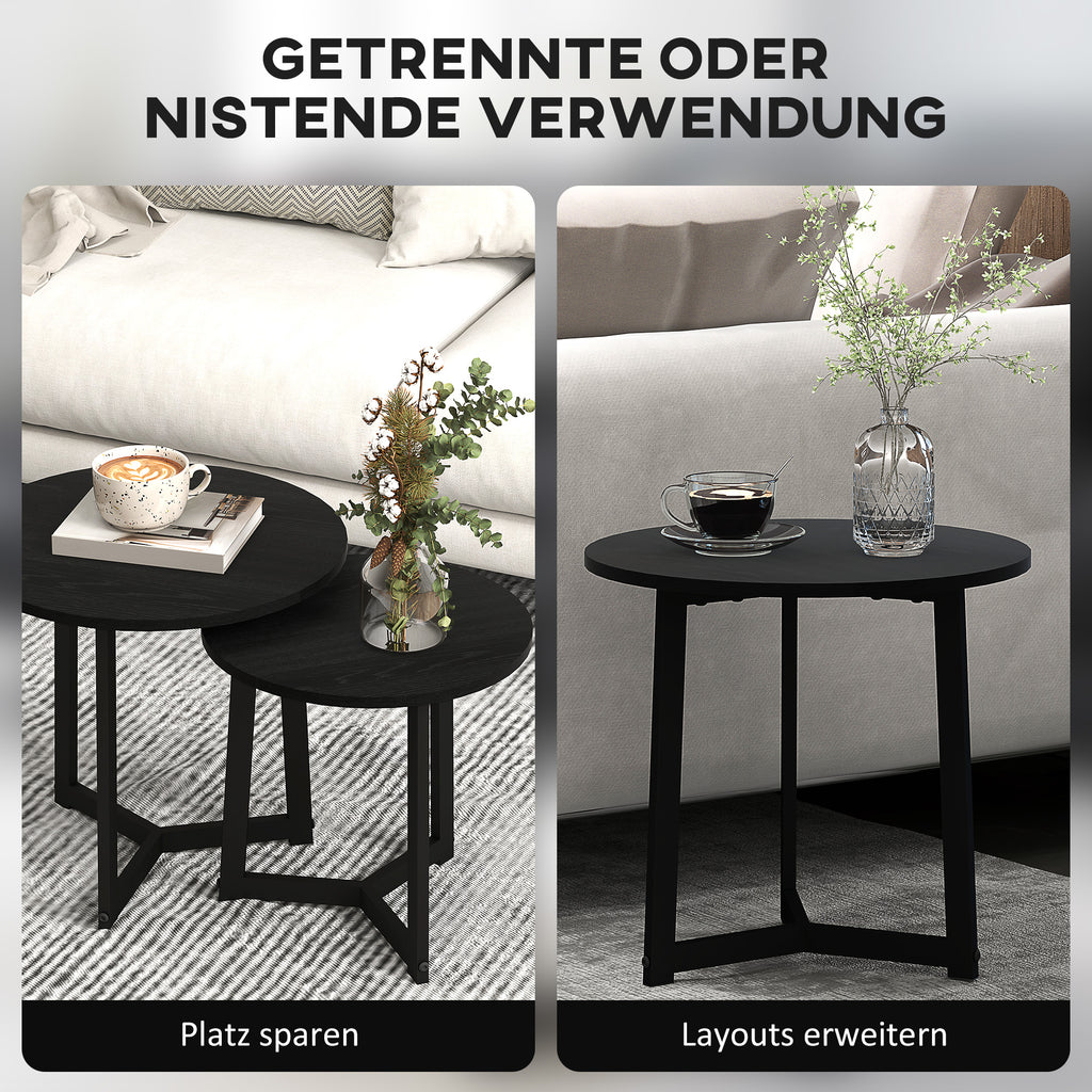 Moderner Couchtisch als 2er-Set, Metallrahmen, MDF, Rundes Design, ineinander verschiebbar