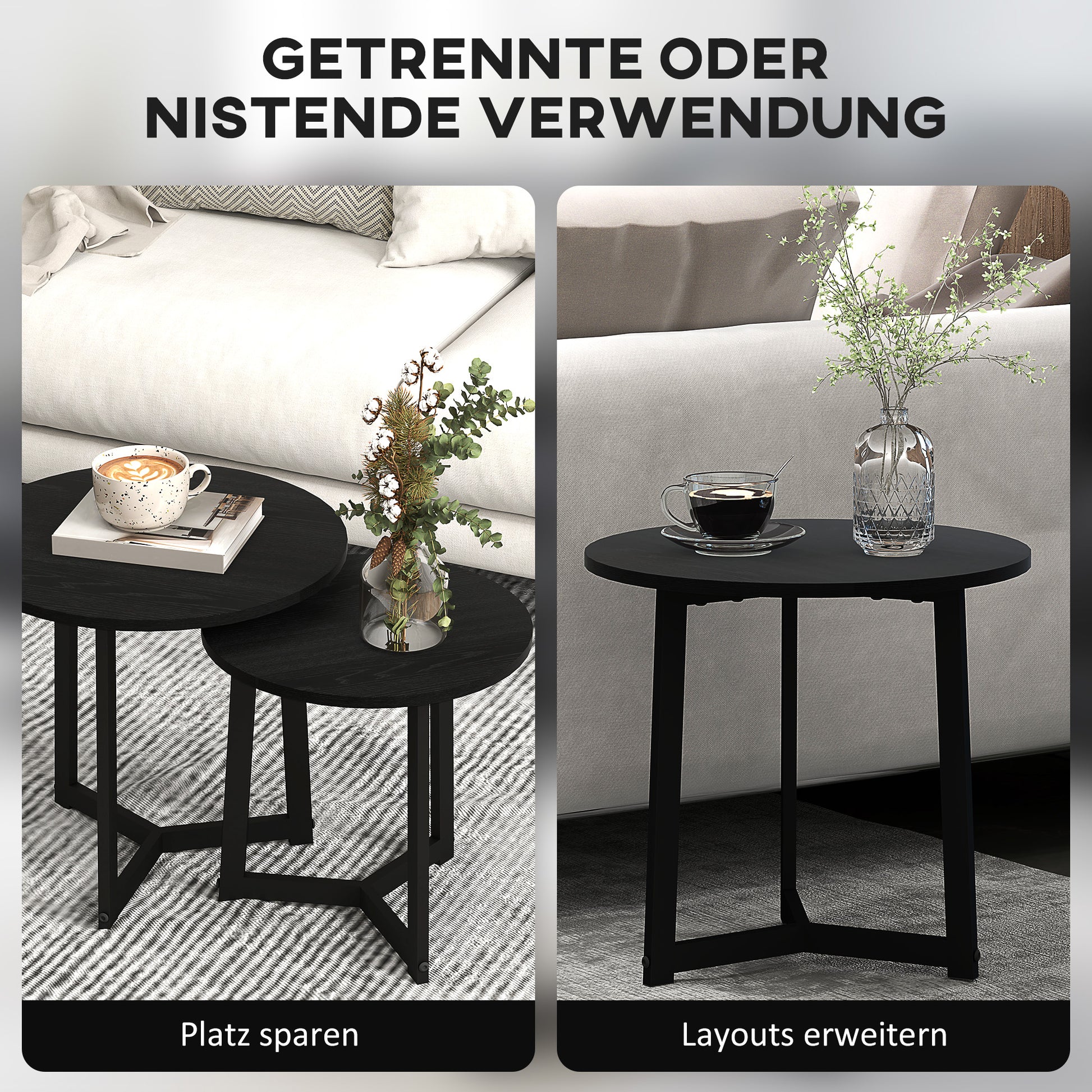 Moderner Couchtisch als 2er-Set, Metallrahmen, MDF, Rundes Design, ineinander verschiebbar