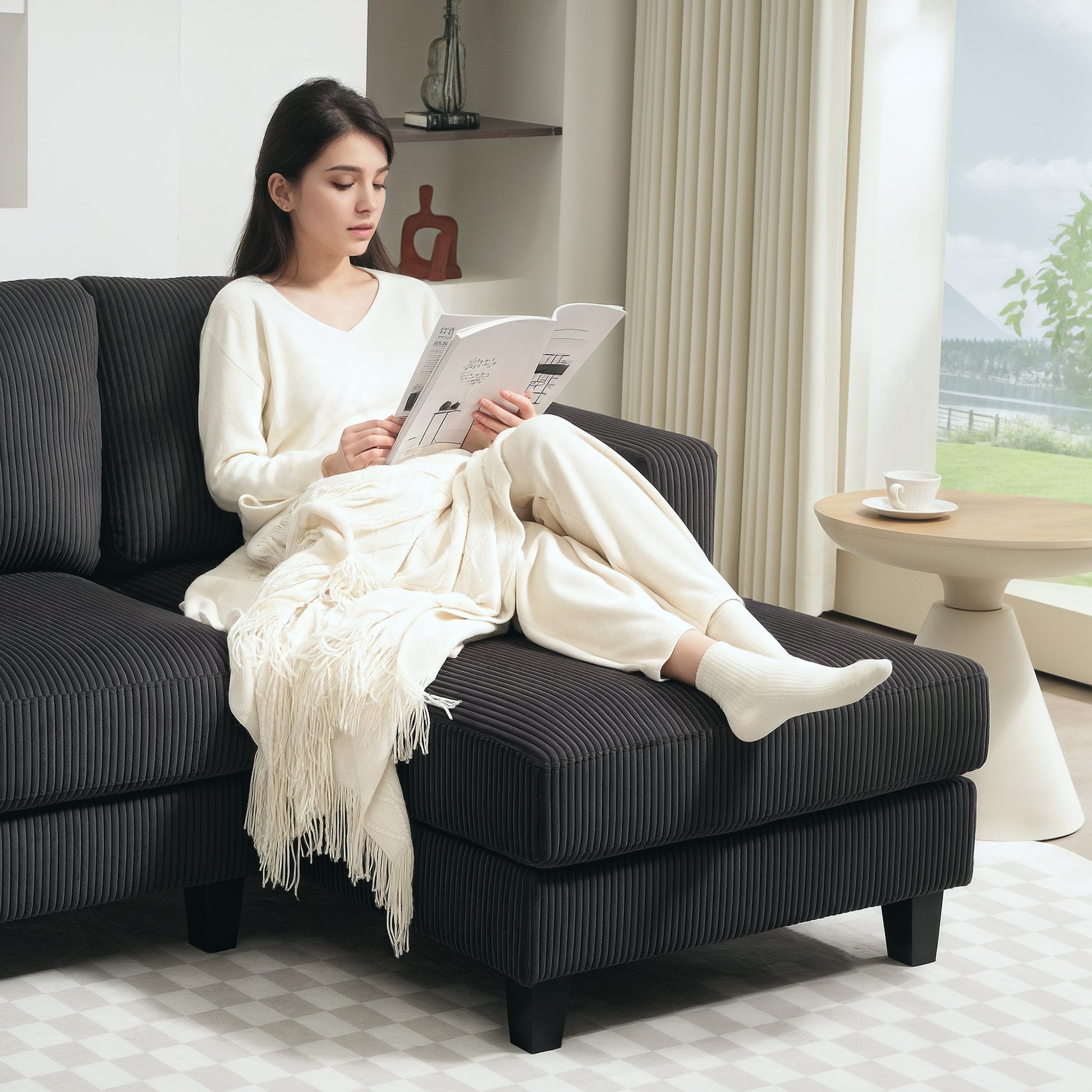 Ecksofa mit Chaiselongue 3 Sitzer L Form Gepolsterte mit Cord-Optik, Hochdichtem Schaumstoff, 214 x 134 x 87 cm Dunkelgrau