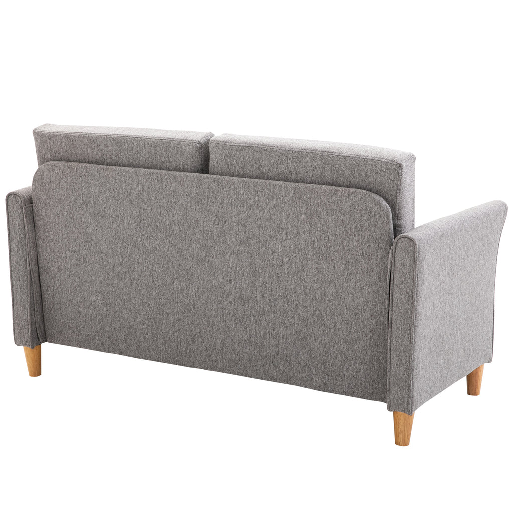 2 Sitzer Sofa, Abnehmbare Kissen, Leinen, Schaumstoff, Kautschukholz, Hellgrau, 141 x 70 x 78 cm