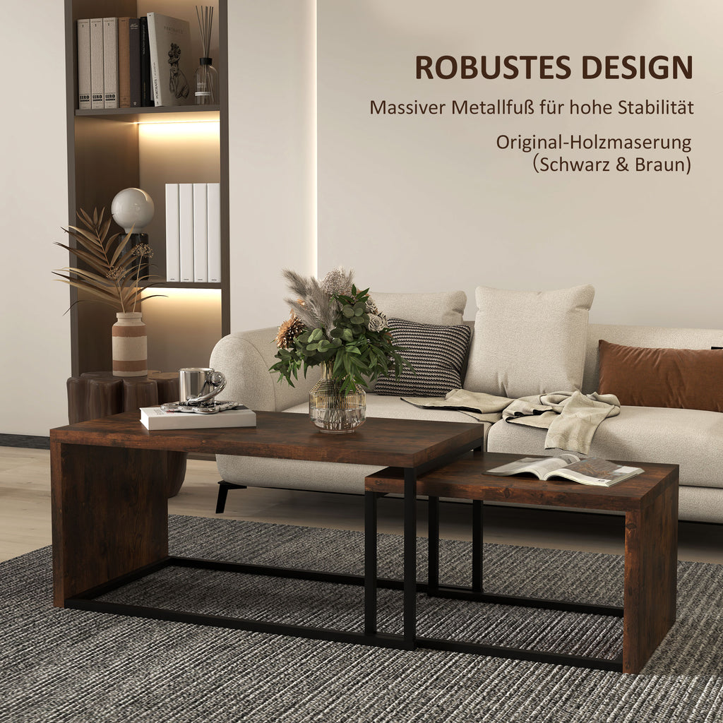 2er-Set Couchtisch, Sofatisch, Beistelltisch, MDF, Metall, Schwarz+Braun