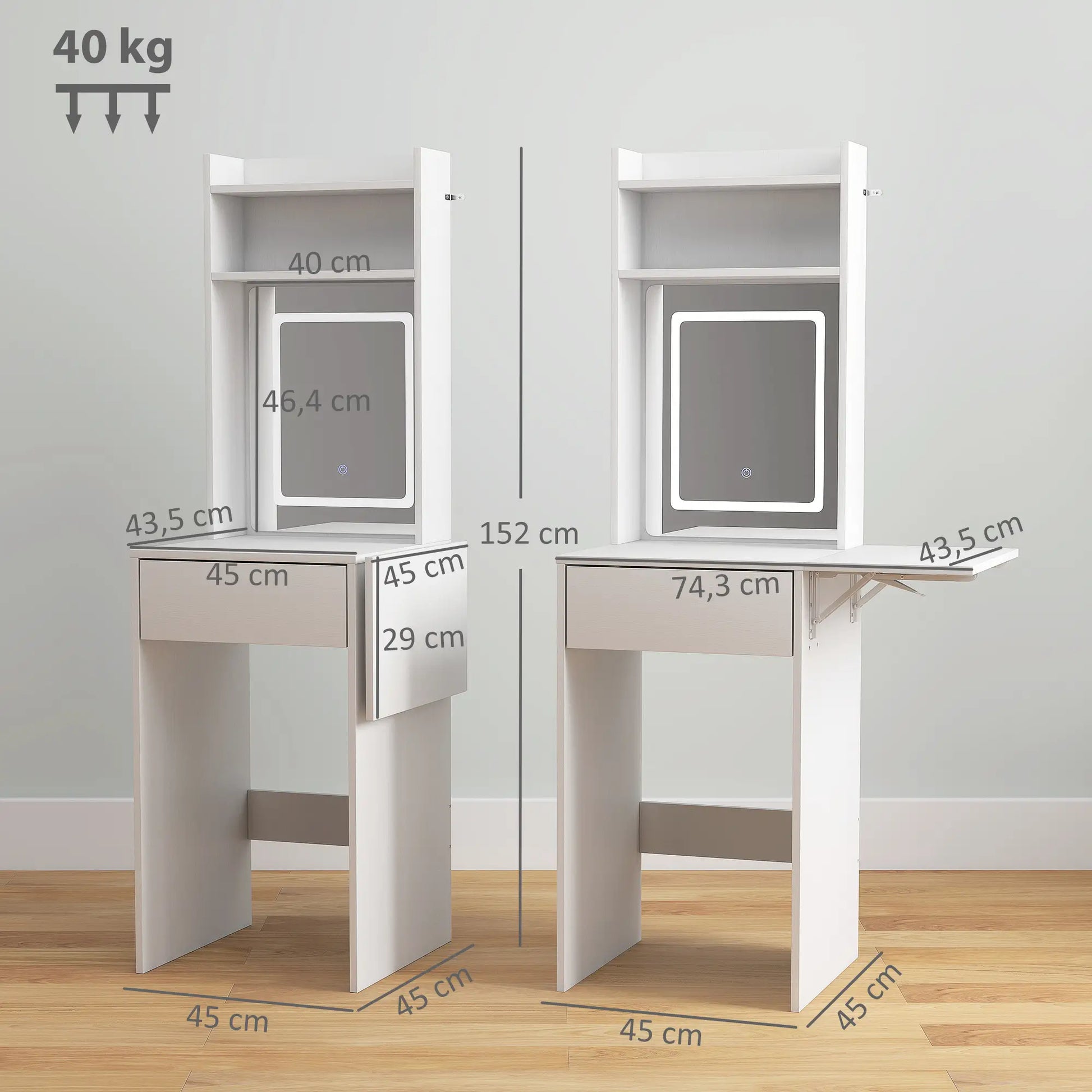 Kompakter Schminktisch mit Spiegel und LED, klappbare Tischplatte, offenere Regale, Schublade