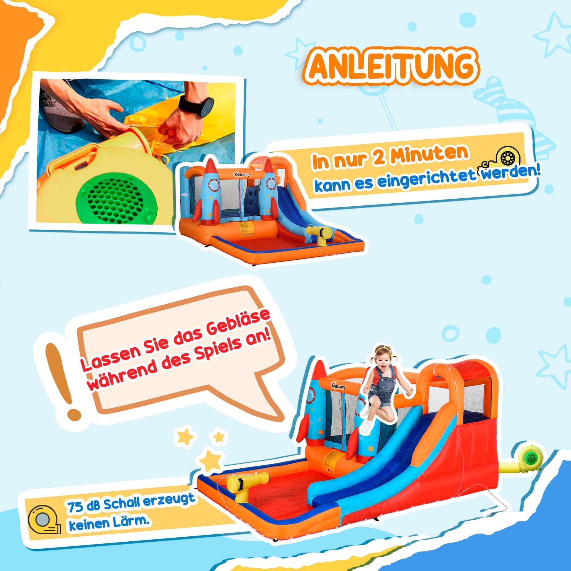 Outsunny Aufblasbare Hüpfburg mit Rutsche, Pool & Kletterwand – 350 × 250 × 185 cm – inkl. Gebläse & Zubehör – Mehrfarbig