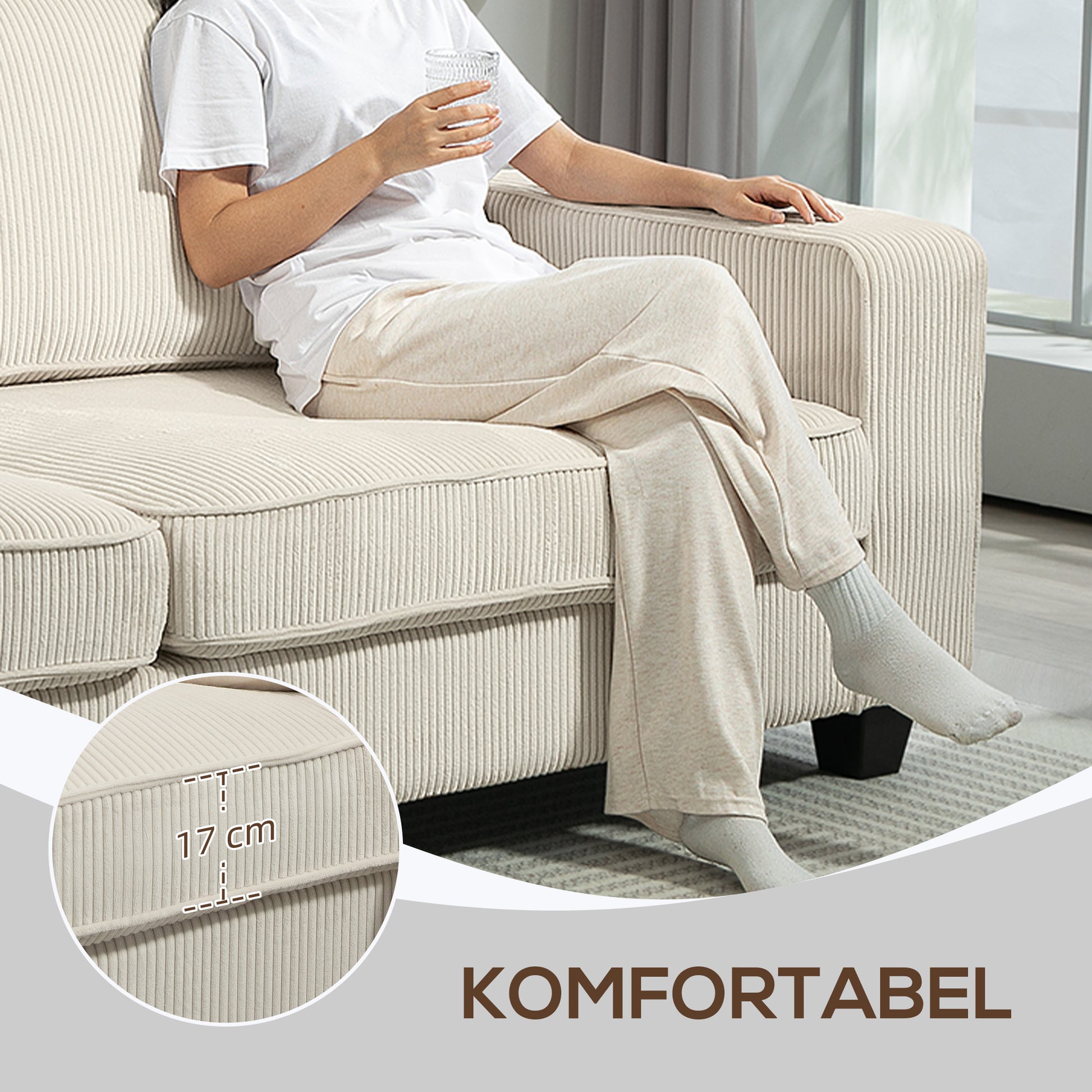 3-Sitzer Sofa mit Cordbezug, bis 400 kg, 227 x 84 x 87 cm, Cremeweiß