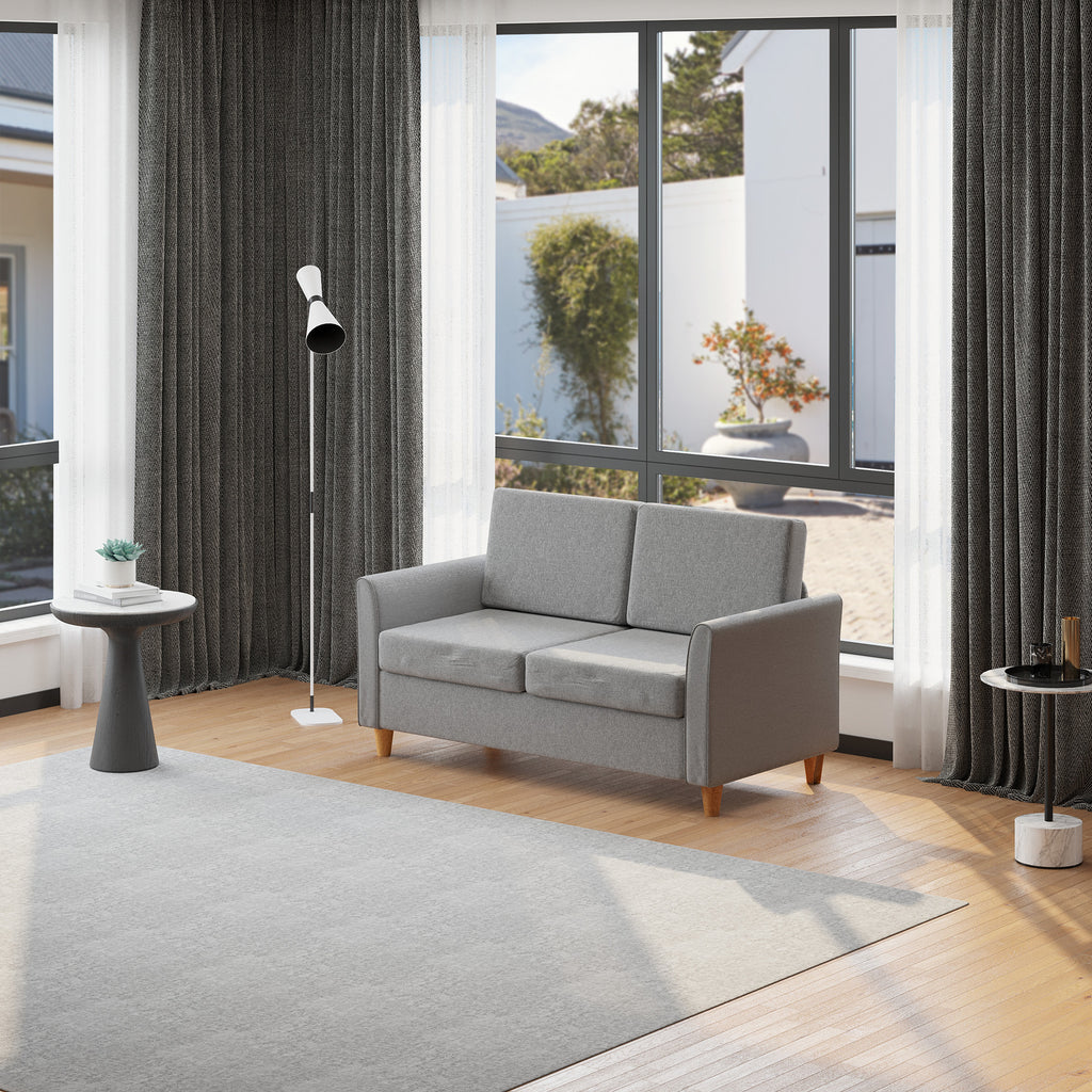 2 Sitzer Sofa, Abnehmbare Kissen, Leinen, Schaumstoff, Kautschukholz, Hellgrau, 141 x 70 x 78 cm