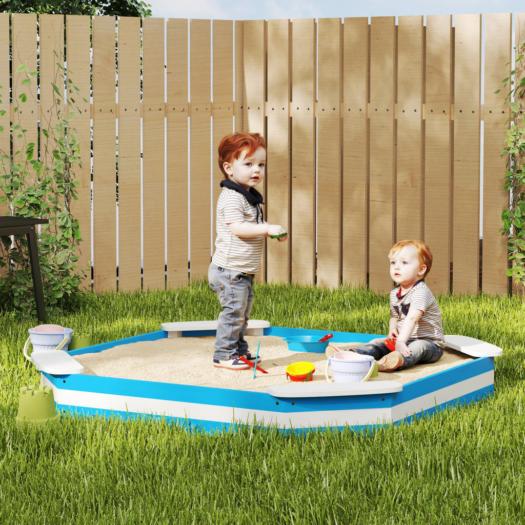 Sandkasten für Kinder, Sandkiste mit 4 Sitzen, Fichtenholz, bodenlos, Blau