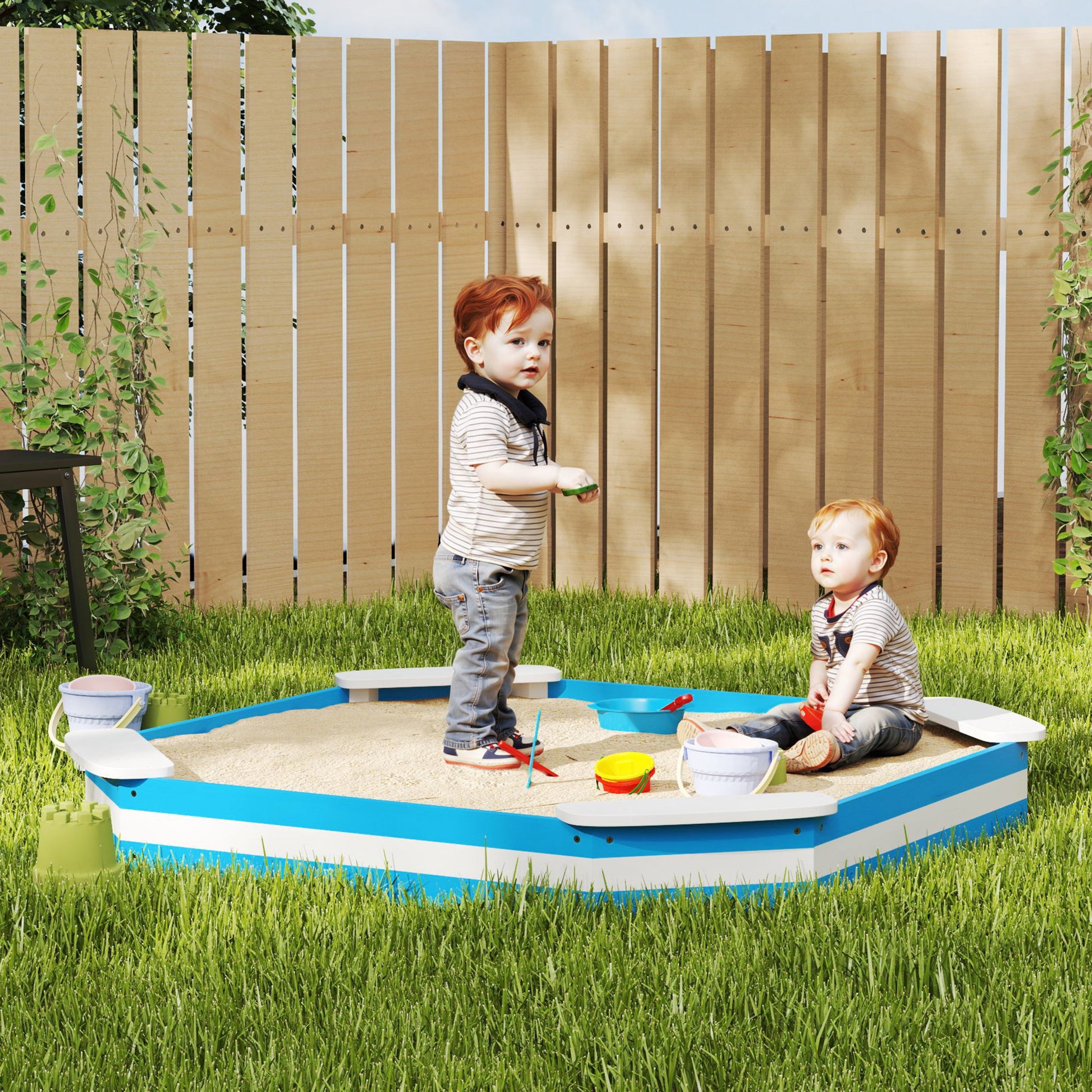 Sandkasten für Kinder, Sandkiste mit 4 Sitzen, Fichtenholz, bodenlos, Blau