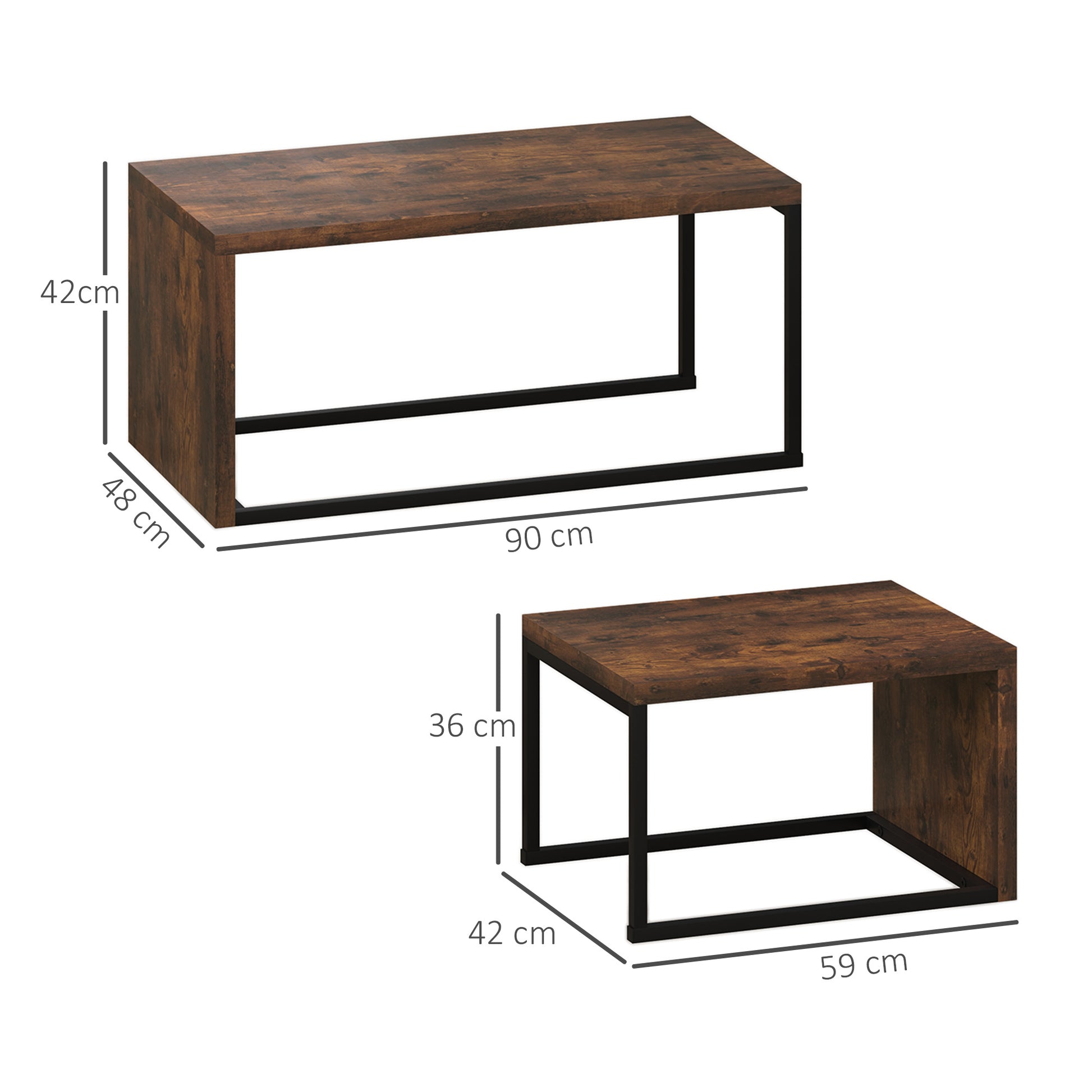 2er-Set Couchtisch, Sofatisch, Beistelltisch, MDF, Metall, Schwarz+Braun