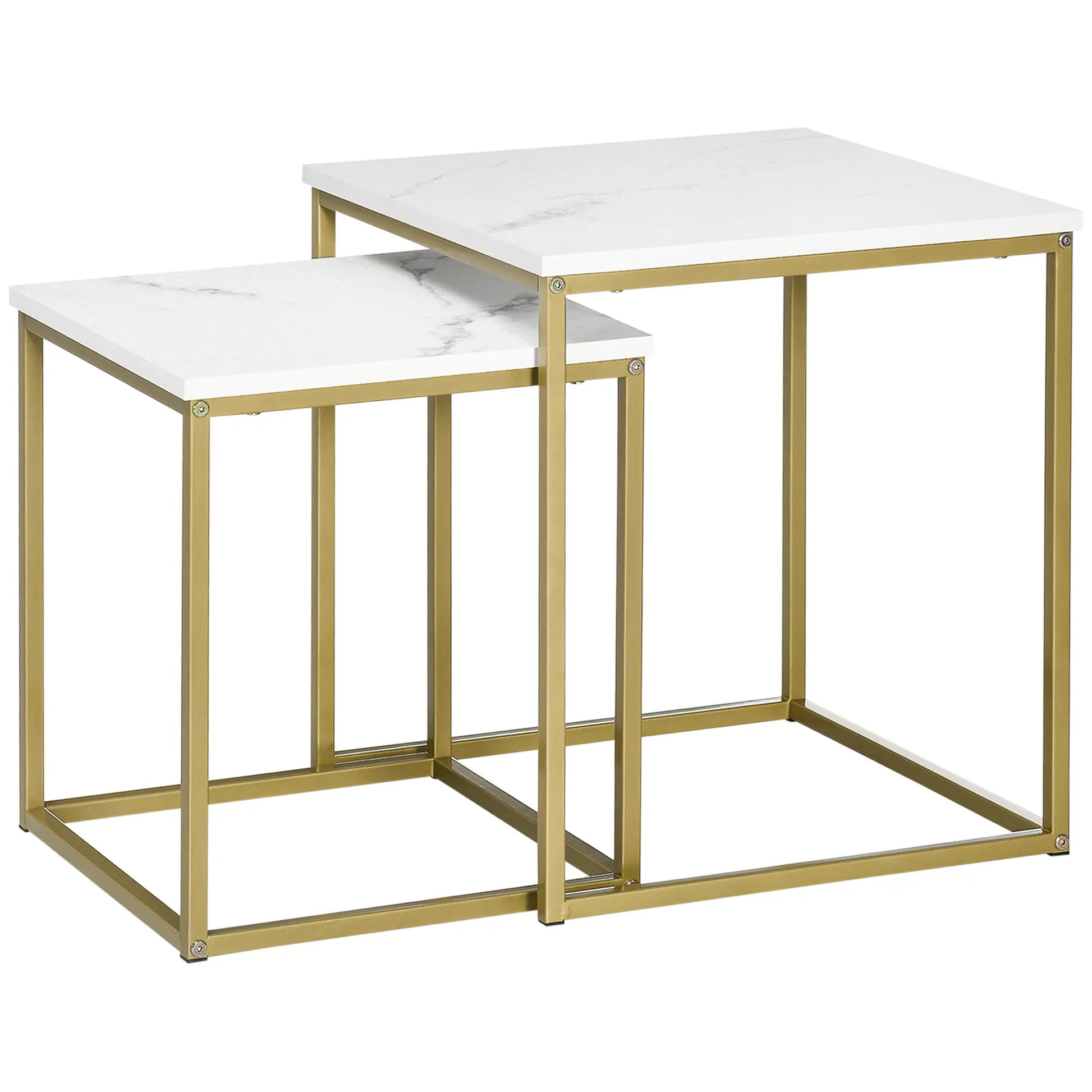 2er-Set Beistelltische, stapelbare Beistelltische, Tischplatte in Marmoroptik, Gold + Weiß