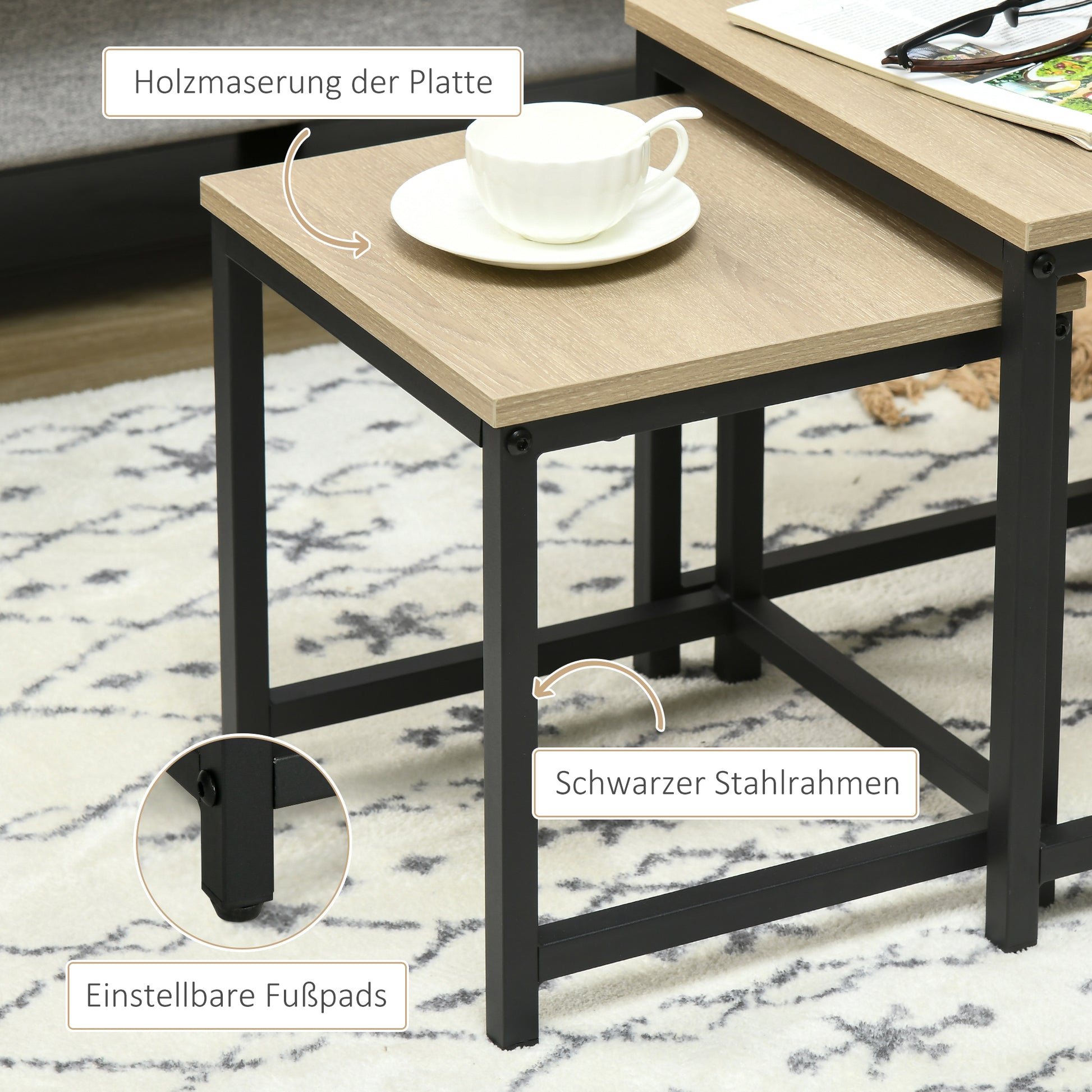 Set aus 3 Beistelltischen, Industrial Design, schwarzer Stahlrahmen, Tischplatte in Holzoptik
