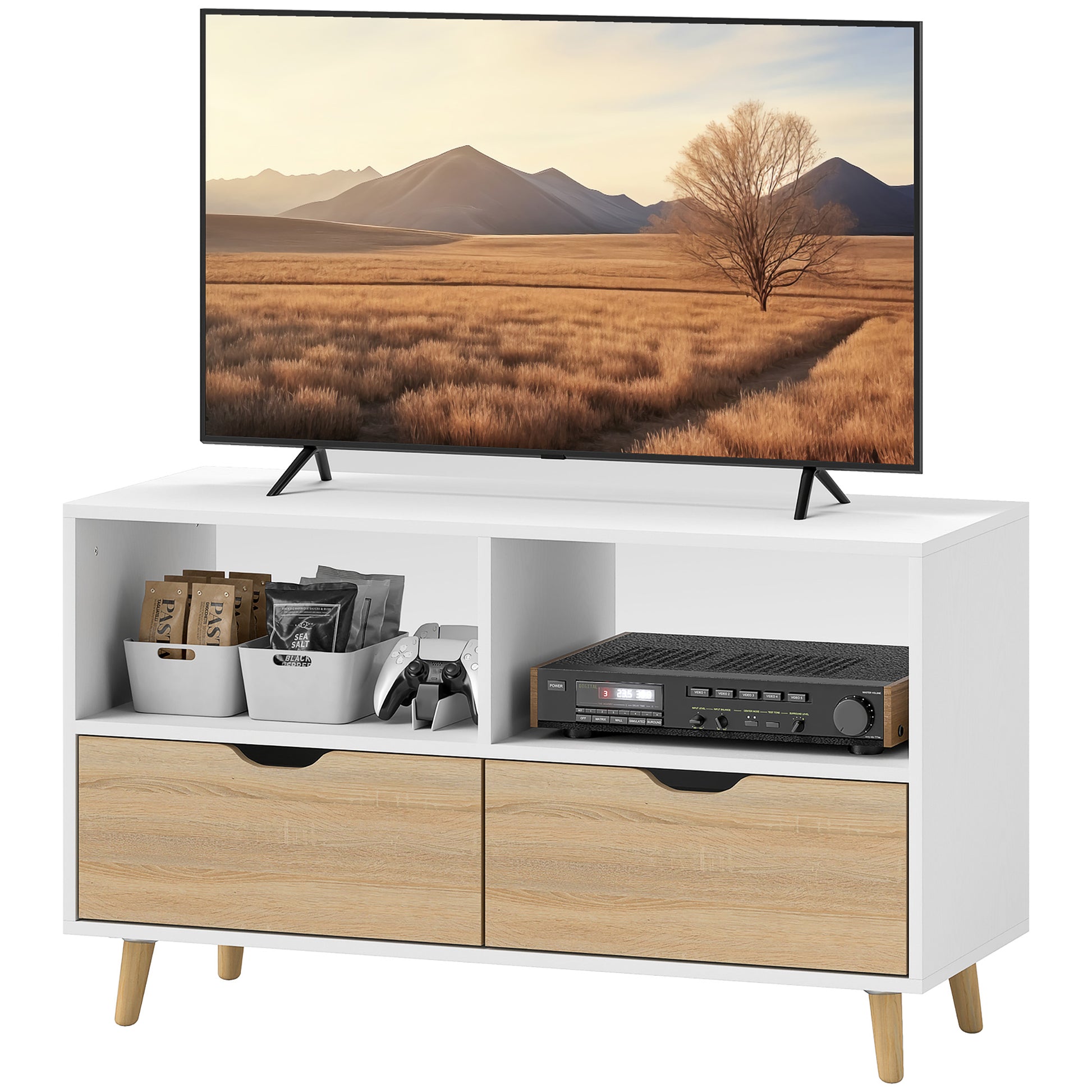 TV-Schrank, TV-Kommode mit Schubladen, Offene Regale, Holz, 99 x 39 x 58 cm